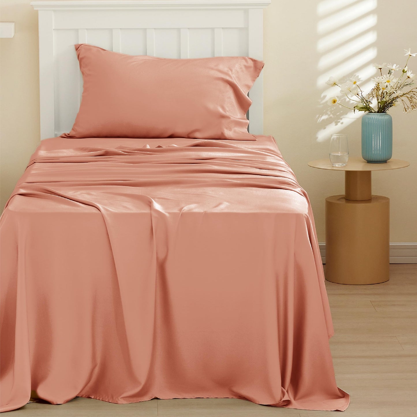 Bedsure Twin Sheets Set, Cooling Sheets Twin Size Bed Set, Rayon Derived from Bamboo, Twin Size Sheets, Breathable & Soft Bed Sheets, Hotel Luxury Silky Bedding Sheets & Pillowcases, Coral