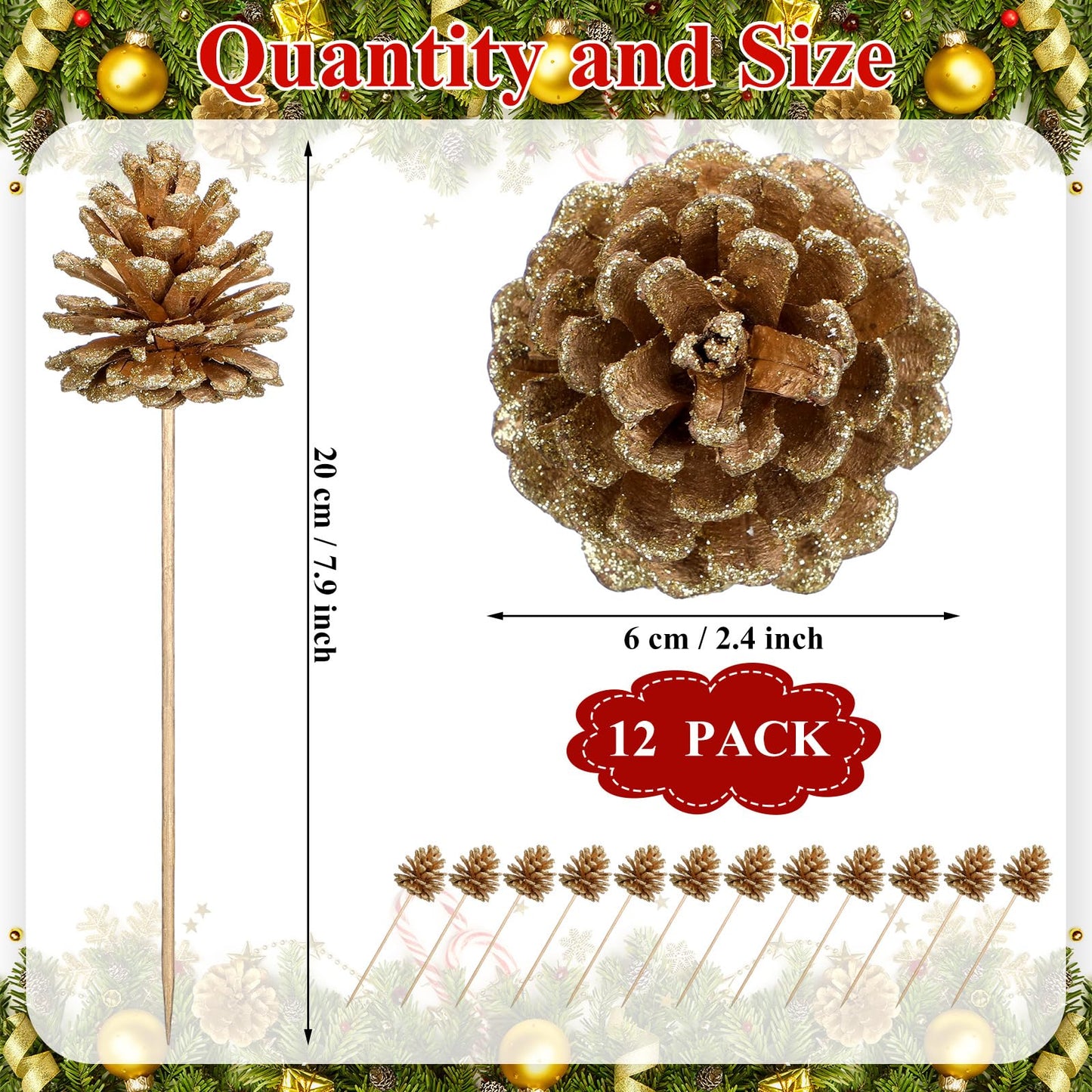 Thiccywoov 12 Pcs Christmas Pine Cones Picks Gold Glitter 2.4 x 3.15 Inches Pinecone with Wired Pick Artificial Christmas Tree Decorations Ornaments Holiday Centerpiece for Craft Garland Wreath DIY