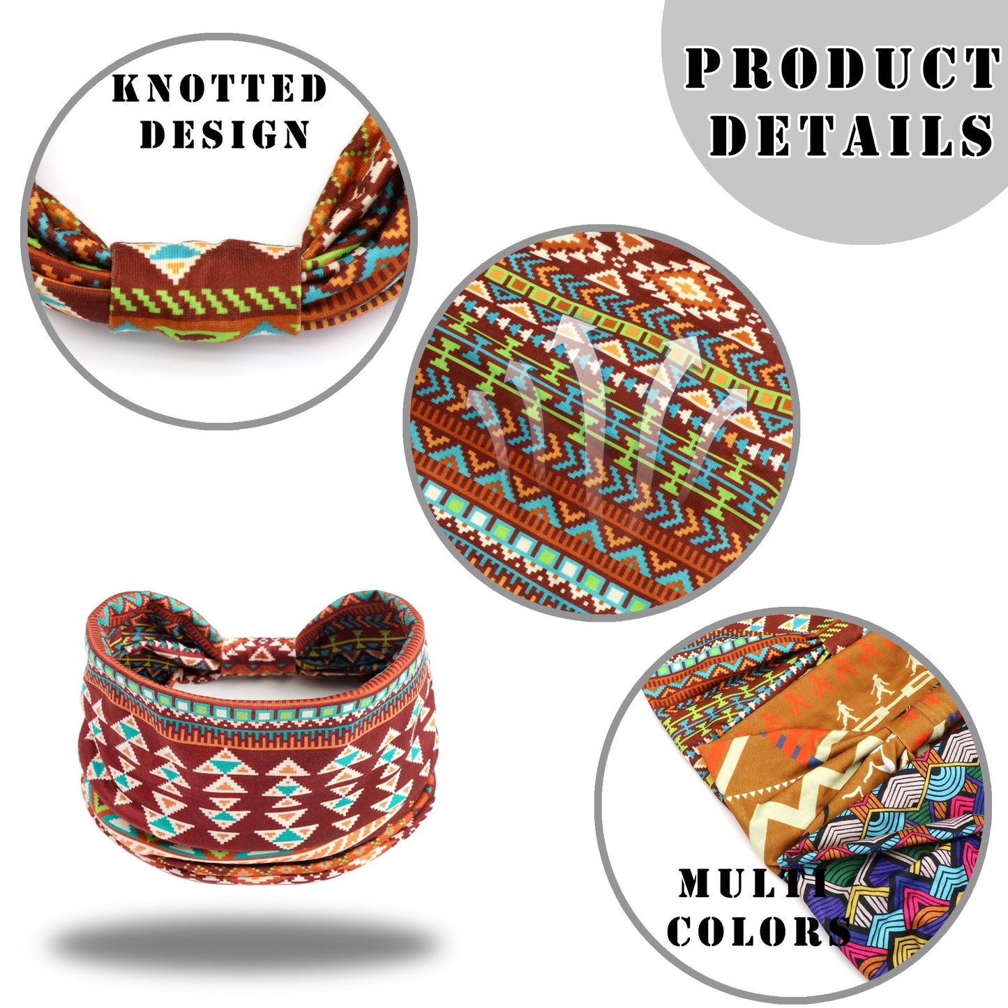 FULZTEY Wide African Headbands for Women Boho Knotted Head Bands Elastic Thick Headwraps Turban Fashion Fabric Bandanas Non Slip Yoga Sports Workout Hairbands for Women's Hair Accessories 3Pcs