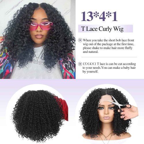 WIGER 15 inch Short Bob Lace Front Wigs 13X4X1 Curly T Part Wigs Middle Part Afro Kinky Curly Wigs Natural Black Synthetic Curly Wig For African American women