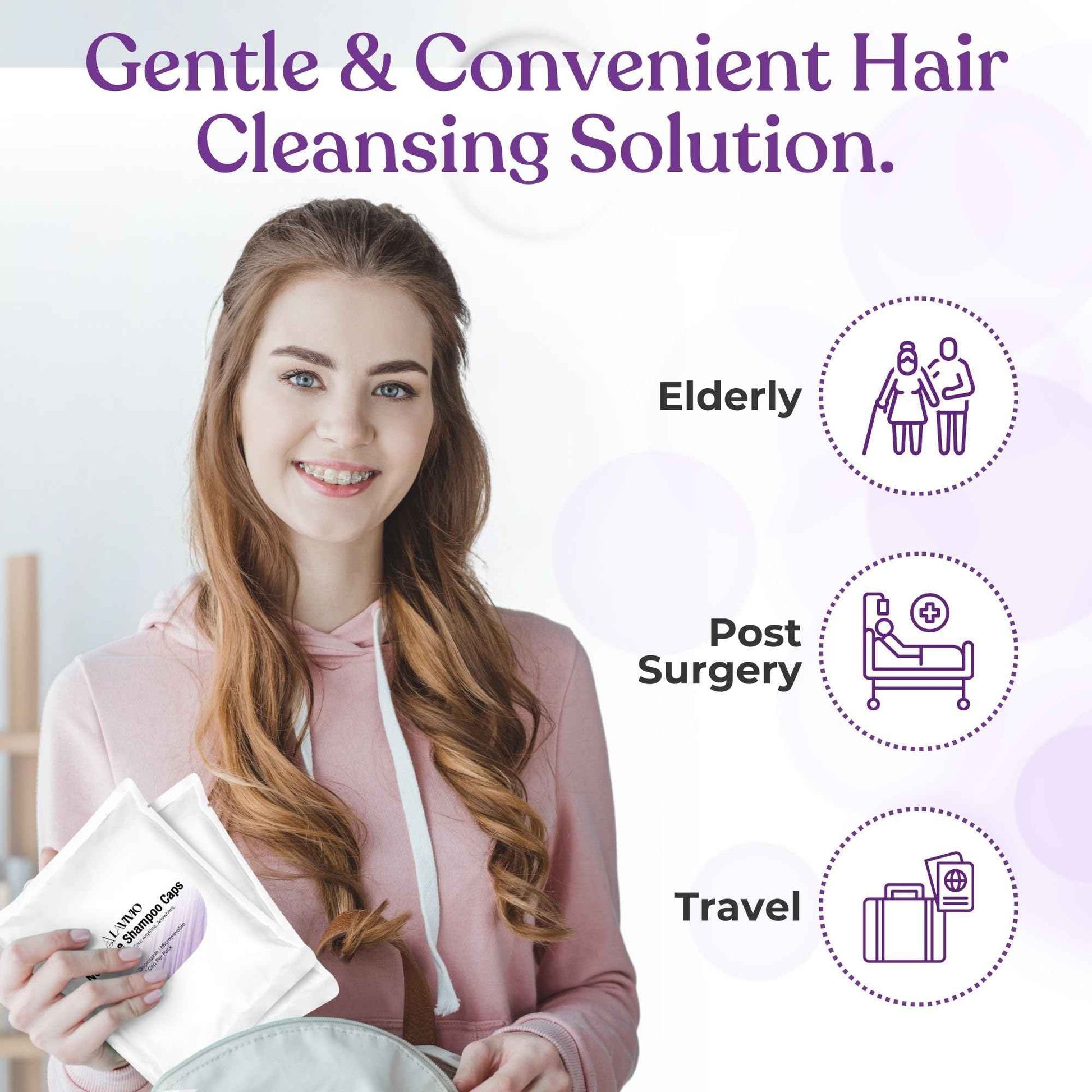 LAVIVIO No Rinse Shampoo Caps – Waterless Hair Washing Shower Caps for Bedridden Patients, Elderly, Hospital Use – Disposable Rinseless Conditioning Bathing Supplies with Aloe Vera, Vitamins - 12 Pack