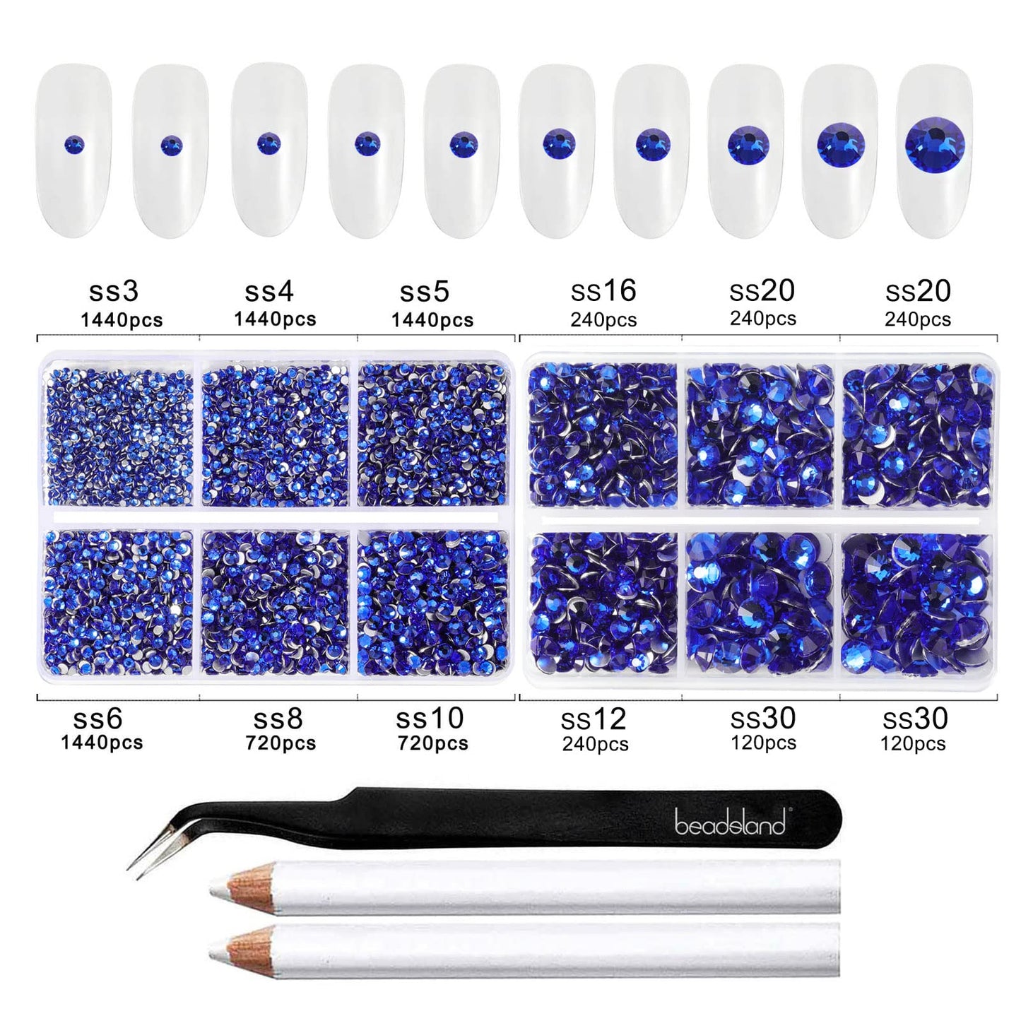 Beadsland 8300PCS Flatback Rhinestones, Royal Blue Rhinestone Round Crystal Rhinestones for Crafts, Mixed 10 Sizes with Wax Pencil and Tweezer Kit, SS3-SS30, Sapphire