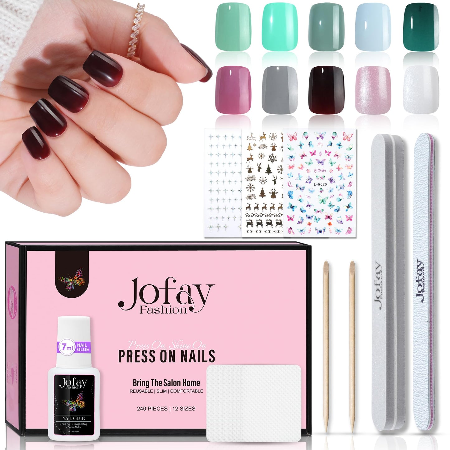 240Pcs Press on Nails, Jofay Fashion False Nails Tips - Acrylic Nail Tips 10 Packs Nails Press on Acrylic nails Kit Green & Pink Glitter & White Solid Color Artificial False Nails With Nail Glue 7 ml