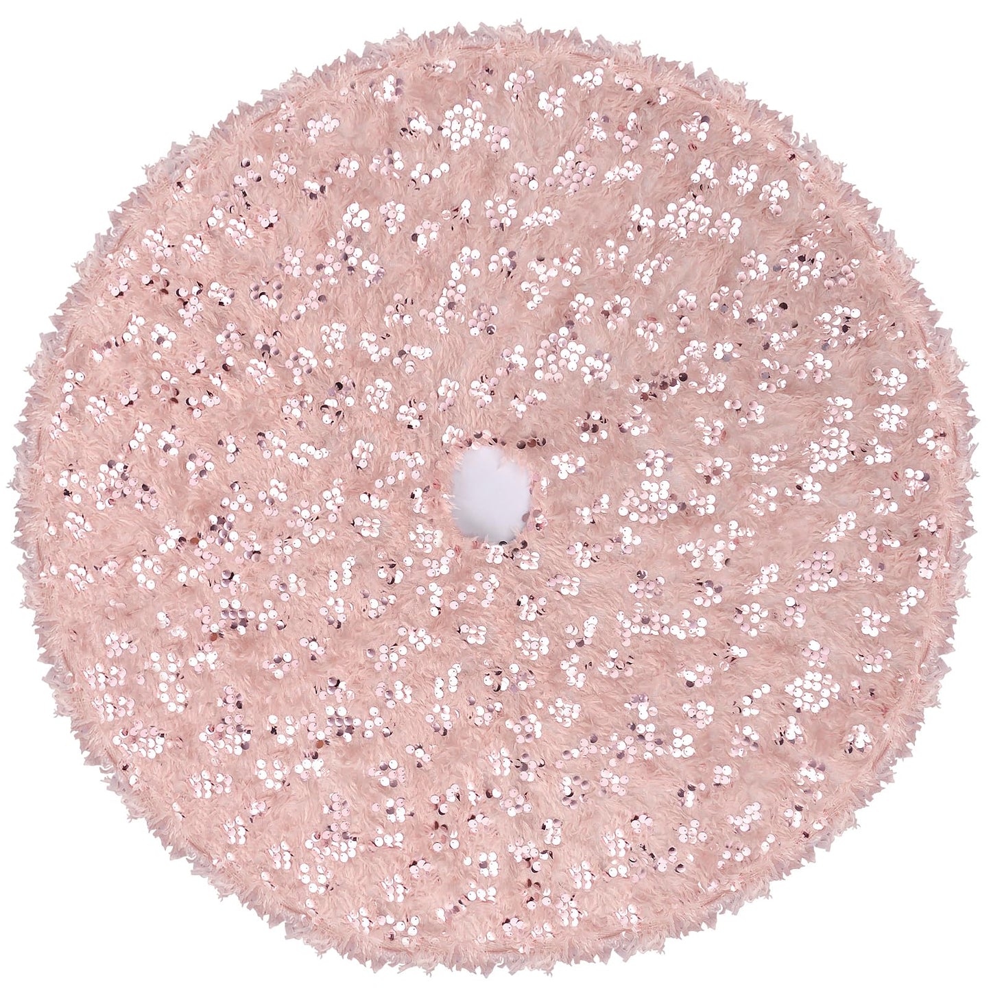 Blush Pink Christmas Tree Skirt, 48 inches Large Pink Faux Fur Feather Tree Ornaments with Sequins, Fluffy Xmas Tree Rug for Holiday Fall Winter New Year Christmas Decorations