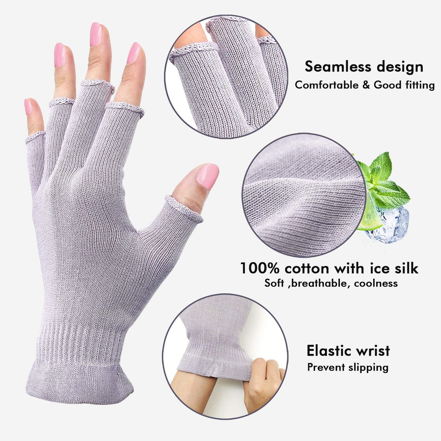 MIG4U Fingerless Moisturizing Gloves, Half Finger Touchscreen Beauty Glove for Eczema, SPA, Dry Hands, Skin Treatment, Summer Sun UV Protection, Pale Purple, 1 Pairs S/M