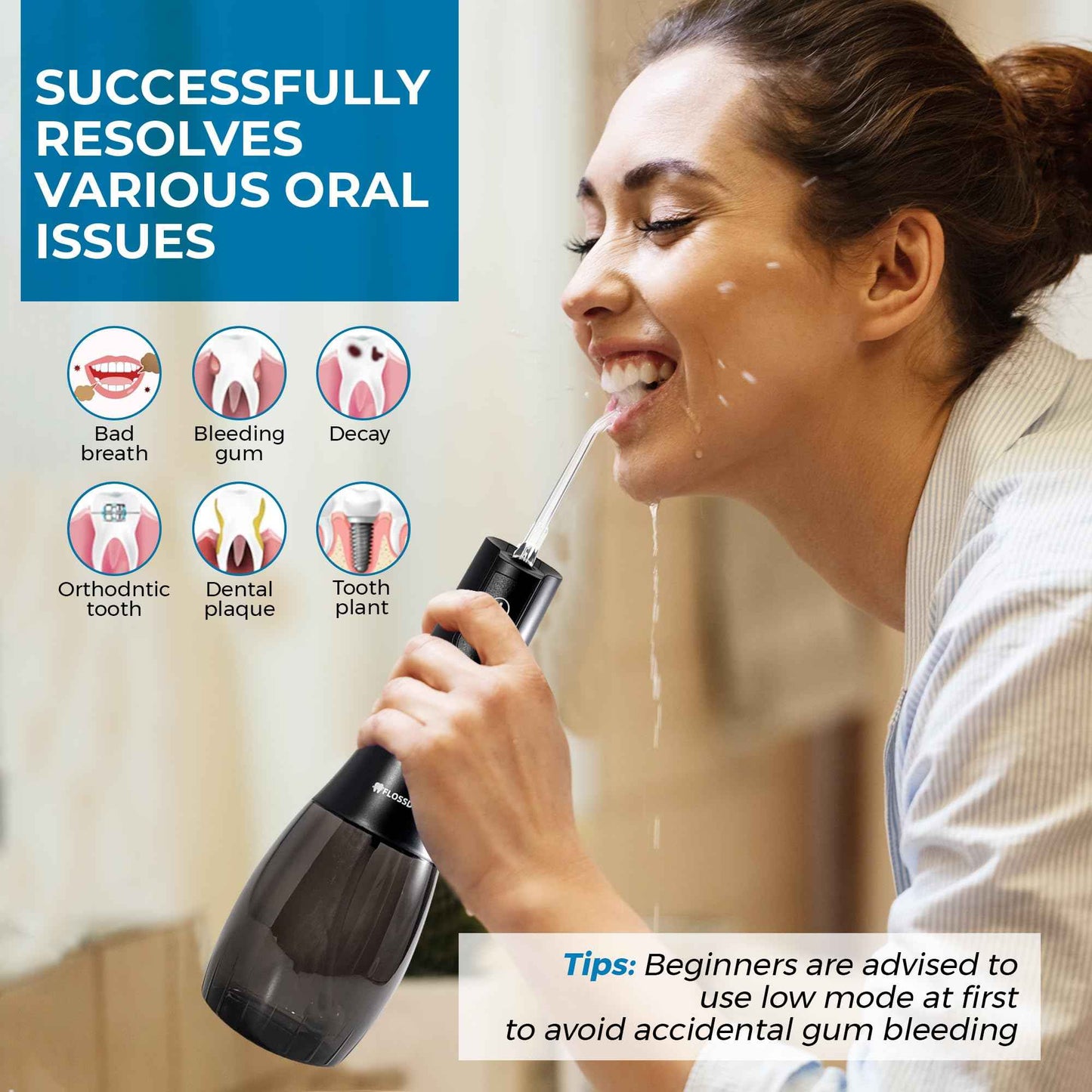 Water Flosser for Braces & Tonsil Stone Remover, 400ml Tank, IPX8 Waterproof, Dental Floss with 6 Tips Including Tongue Scraper, Oral Irrigator for Teeth, Bad Breath Treatment for Adults