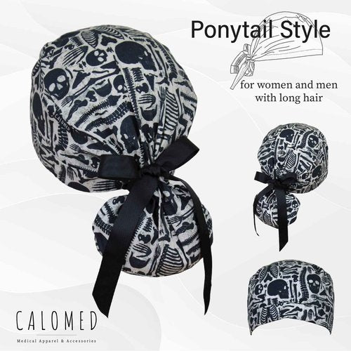 CALOMED Scrub Cap for Women and Men, Ponytail Scrub Caps, Working Hat, Head Cover with Ribbon Ties and Buttons, Long Hair (Vintage Skeleton)