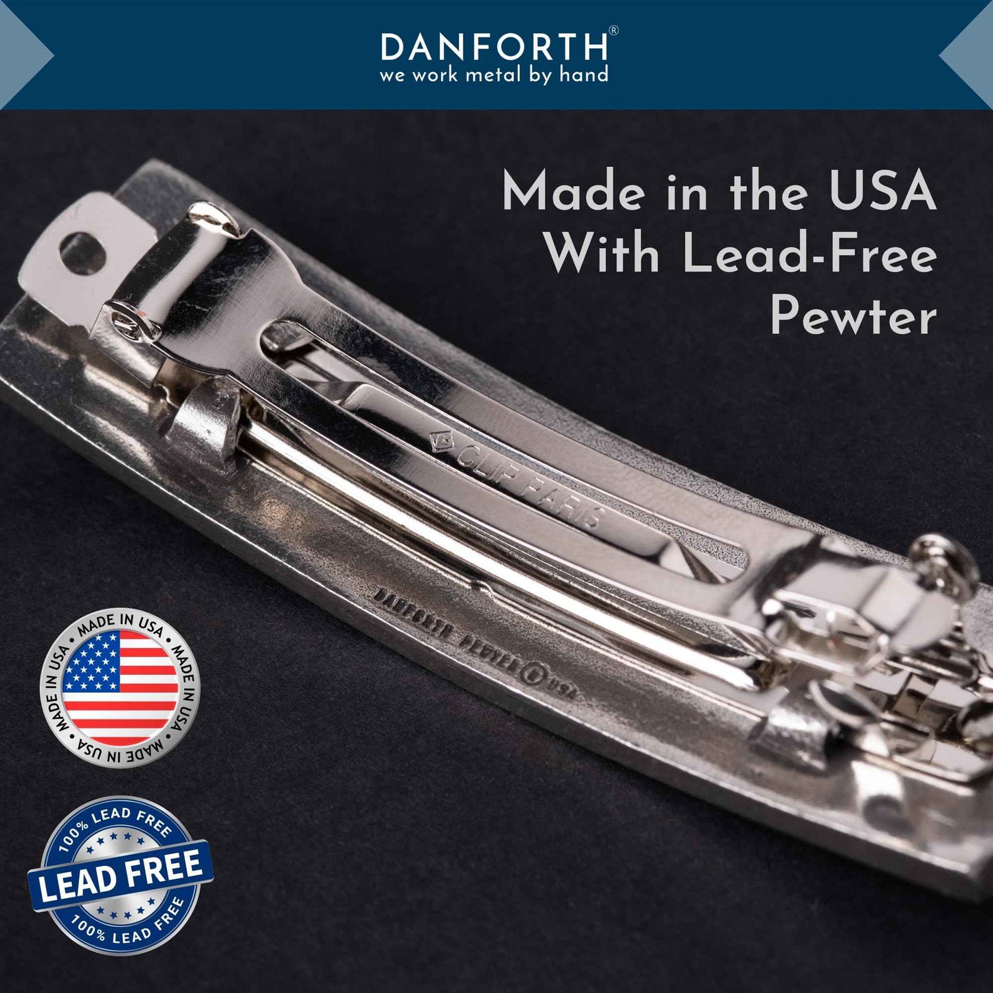 DANFORTH - ‘Wavesong’ Medium Barrette, Handcrafted Pewter Hair Barrettes For Women, Blue Woodblock Design, Measures 3" Long, 3/4" Tall, French Clasp, Made In USA