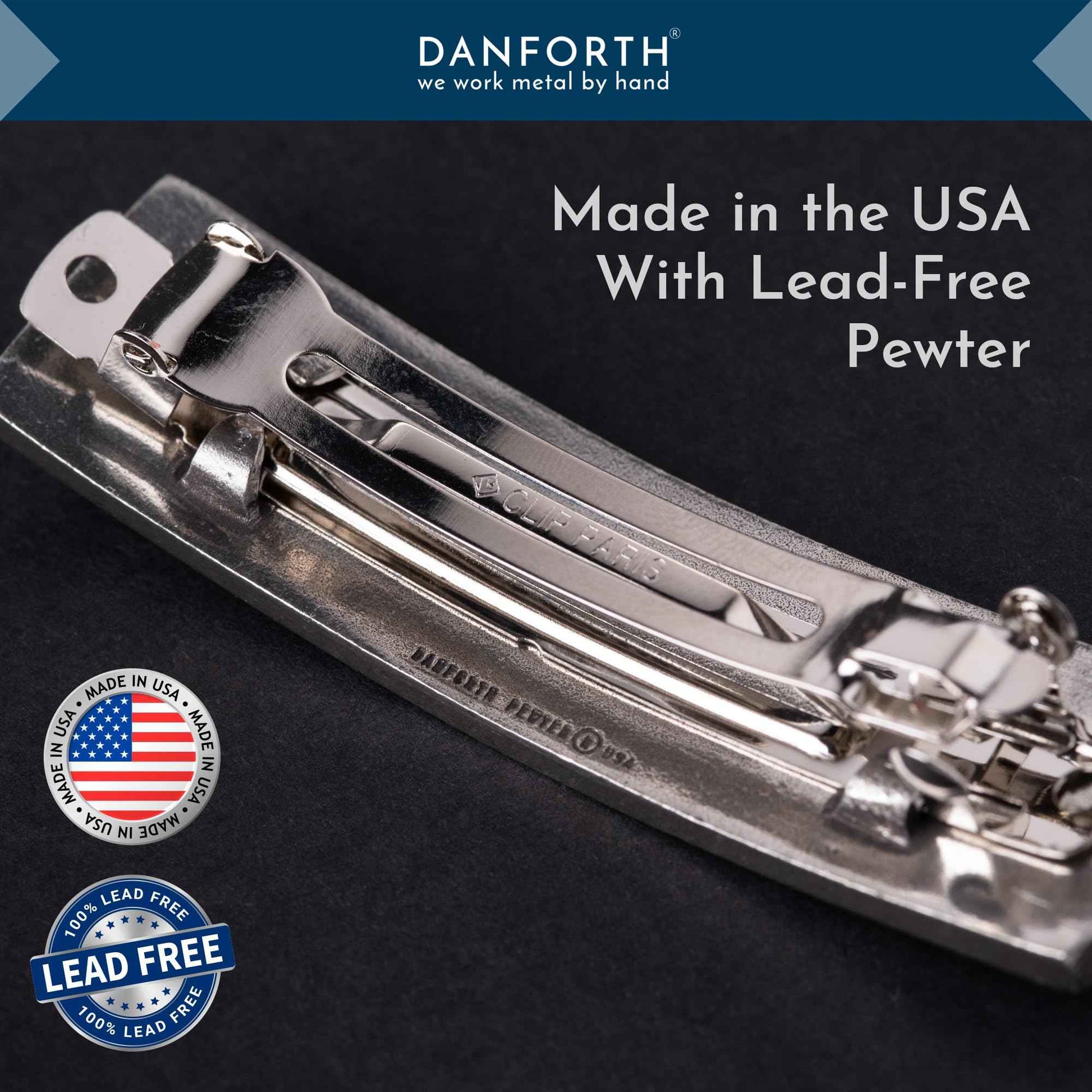 DANFORTH - ‘Wavesong’ Medium Barrette, Handcrafted Pewter Hair Barrettes For Women, Blue Woodblock Design, Measures 3" Long, 3/4" Tall, French Clasp, Made In USA