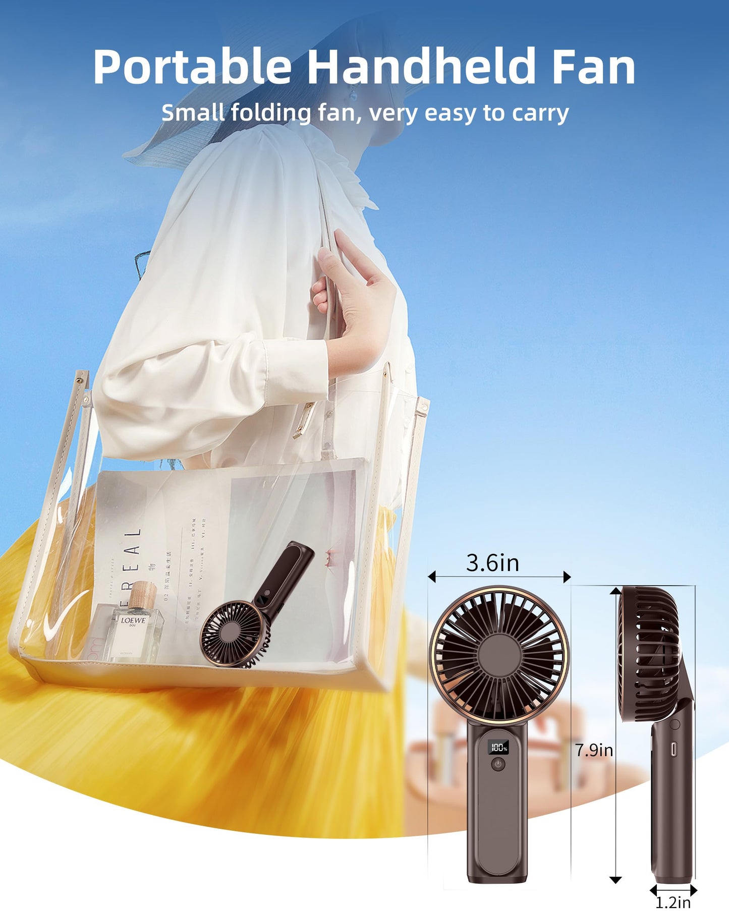 TUNISE Handheld Fan, Neck Fan, 4000mAh Desk Fan, 180° Adjustable, 6 Speed Wind, Display Electricity in Real Time, USB Rechargeable Foldable Fan, Quiet Personal Fan as Power Bank