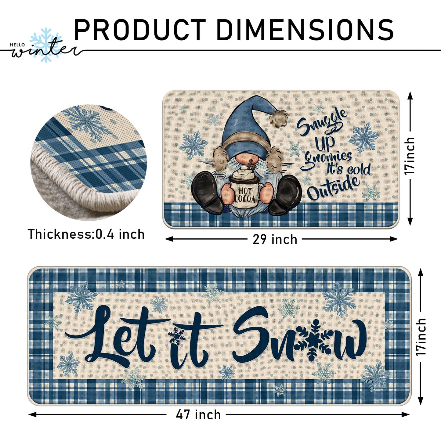 Tailus Winter Gnome Let It Snow Kitchen Rugs Set of 2, Blue Plaid Polka Dot Snowflake Farmhouse Kitchen Mats Decor, Christmas Holiday Seasonal Floor Door Mat Home Decorations -17x29 and 17x47 Inch