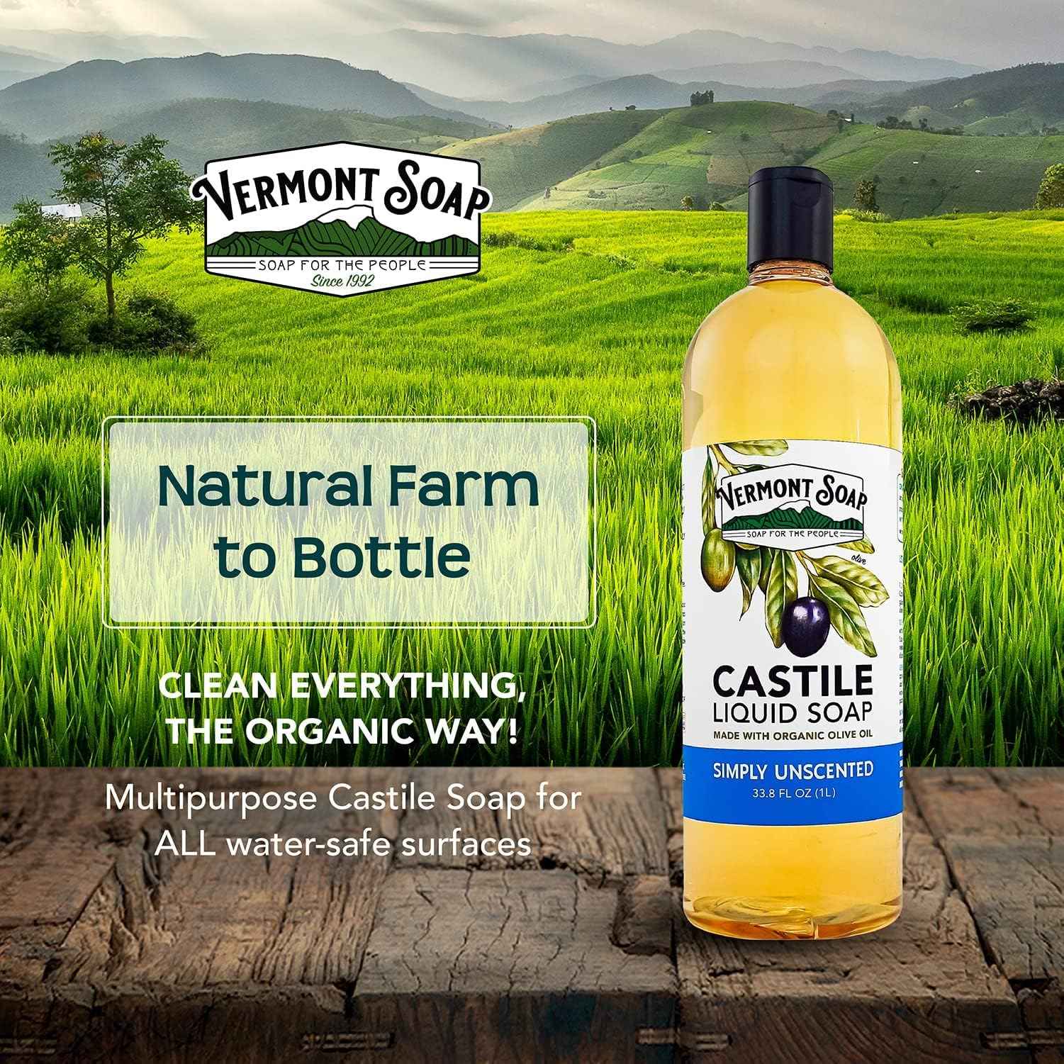 Vermont Castile Unscented Gentle Liquid Soap for Sensitive Skin, Natural Body Wash, Organic Hair Shampoo for Oily Hair, Aloe for Men & Women - 33.8 Oz