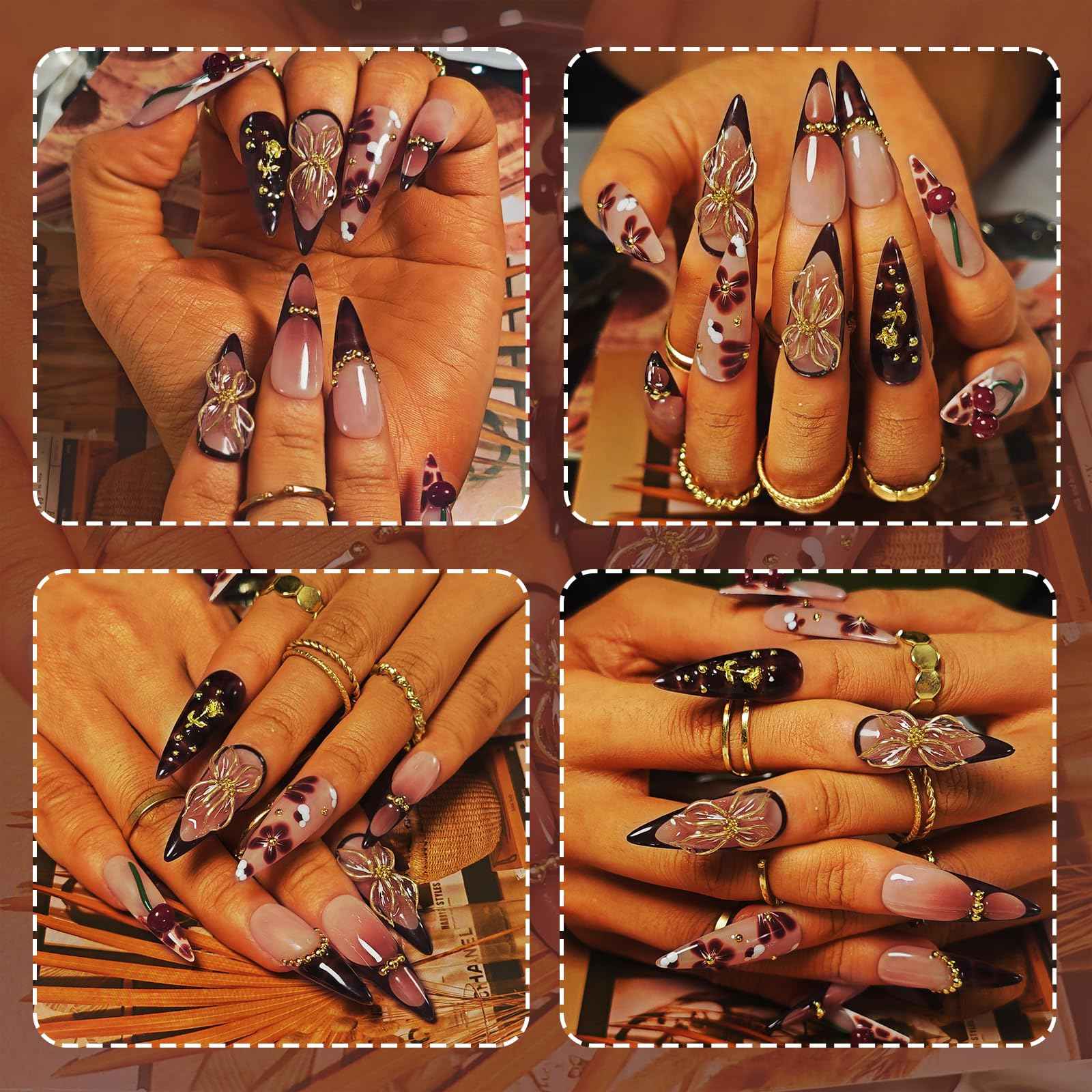 Handmade Press On Nails Stiletto, Brown Press On Nails Long, Flower 3D Acrylic Nails French Tip Blooming Amber Cherry For Women Gift, Reusable Stick On Fake Nails Kit With Nail Glue(Blooming Cherry-M)