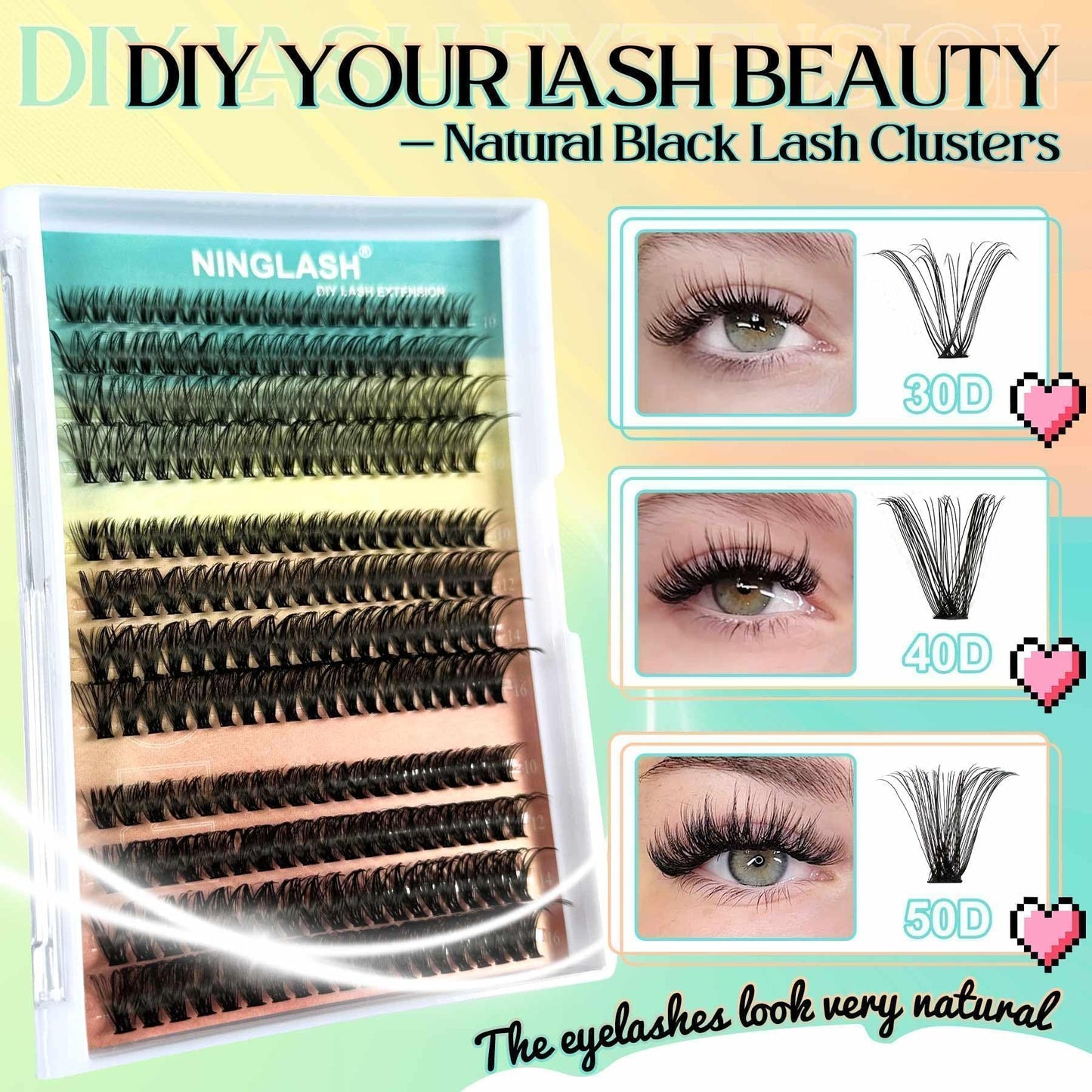 Lashes Clusters Ninglash D Curl NY14 DIY Eyelash Extension Soft Natural Lightweight 10/12/14/16mm Mix 96 Pcs Individual Lash Extensions Resuale Eyelash Cluster Lashes for Home use