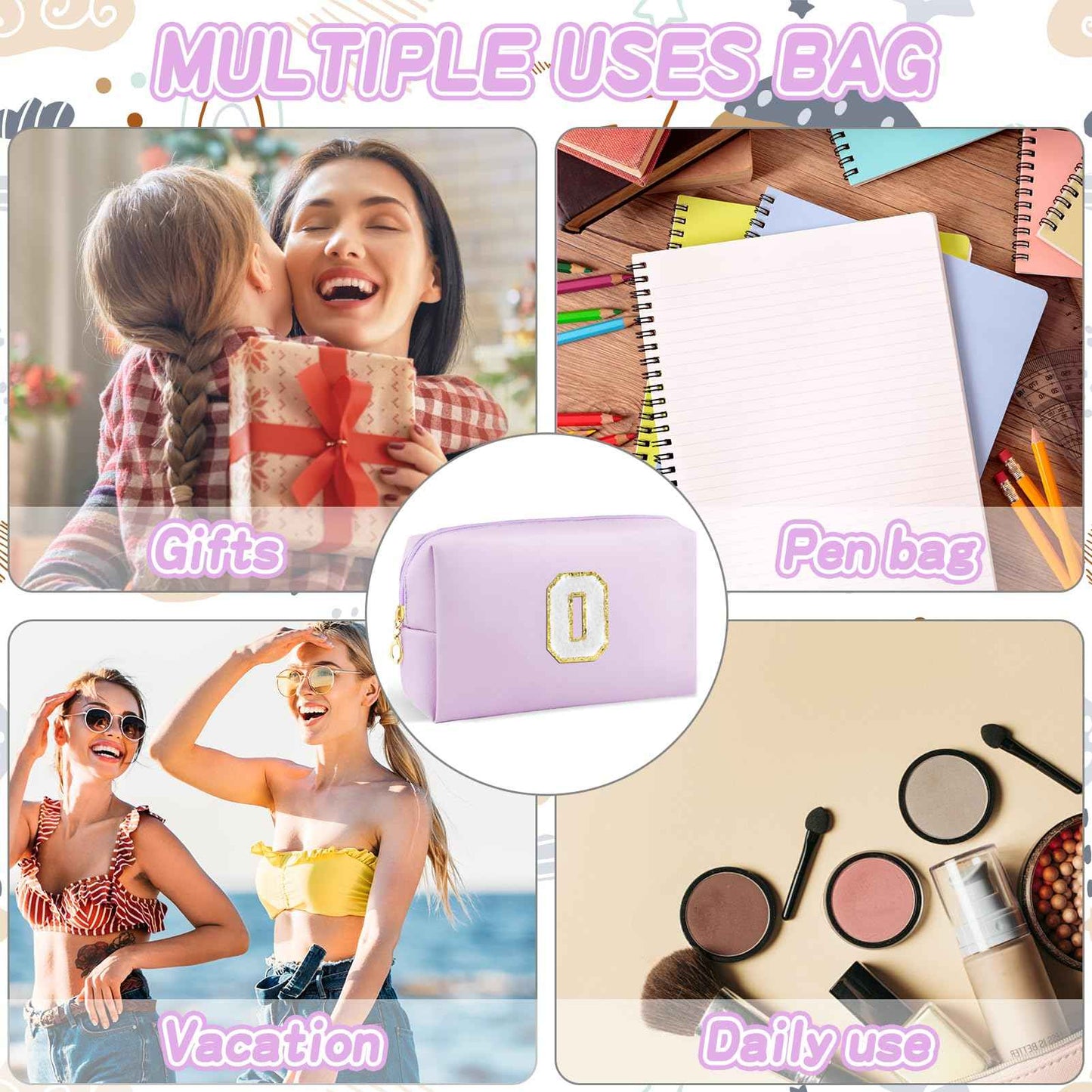 URSKYTOUS Gifts for Girls Initial Makeup Bag Personalized Cosmetic Bag with Zipper Cute Travel Toiletry Bag Waterproof PU Preppy Makeup Pouch Birthday Gift for Teen Girls Women(Purple O)