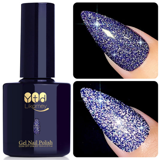 YTD Likomey Reflective Glitter Gel Nail Polish,15ml Galaxy Colorful Navy Blue Flash Diamond Shimmer Gel,Sparkly Shiny Salon Home Nail Art Manicure UV Gel Varnish,SZ237