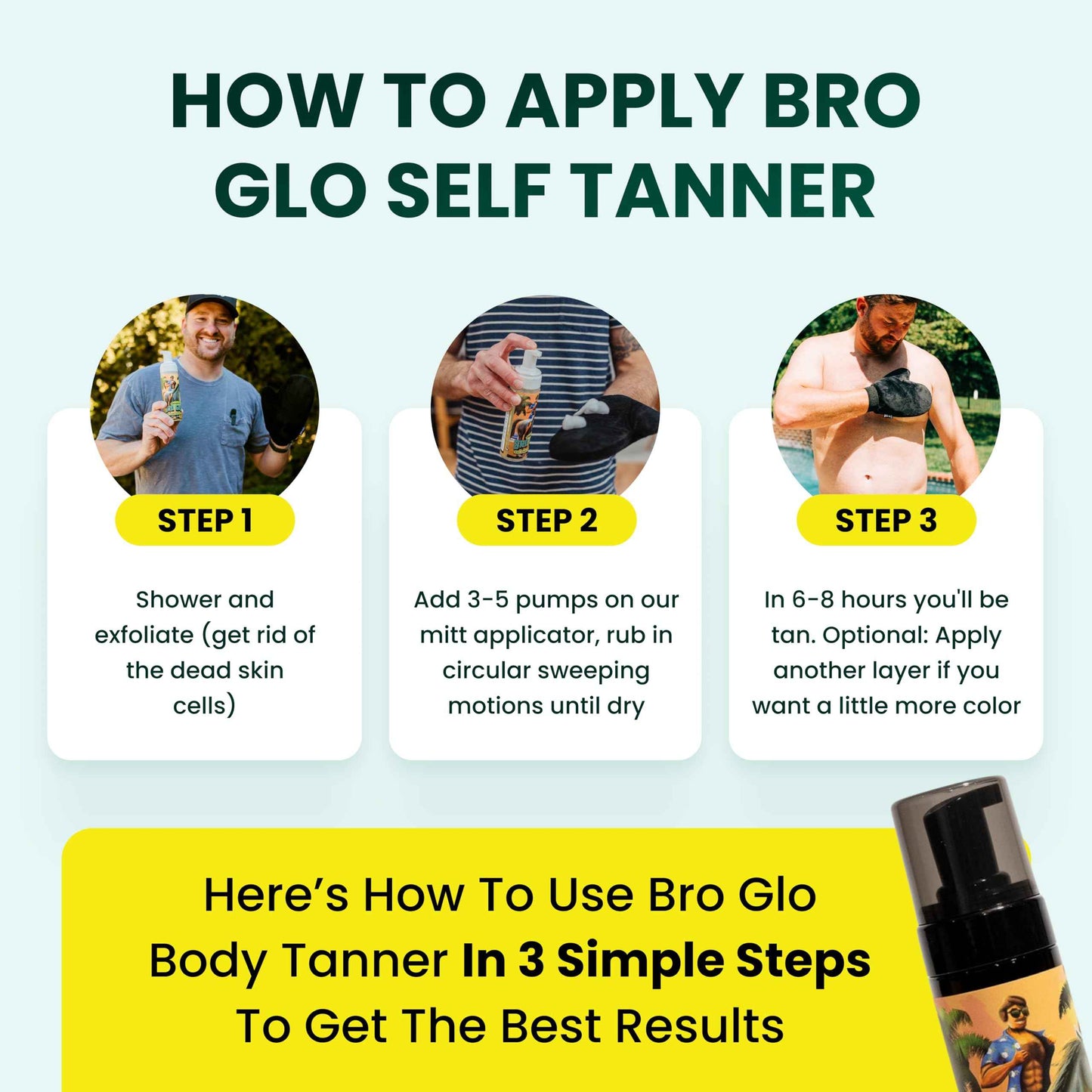 Bro Glo Self Tanner for The Boys - Quick Application Foam Mousse Easy Sunless Tan For Face and Body Oil Free Water Based Faster Skin Drying Natural Sun Kissed Bronze Color Perfect Men - 6.76 FL oz