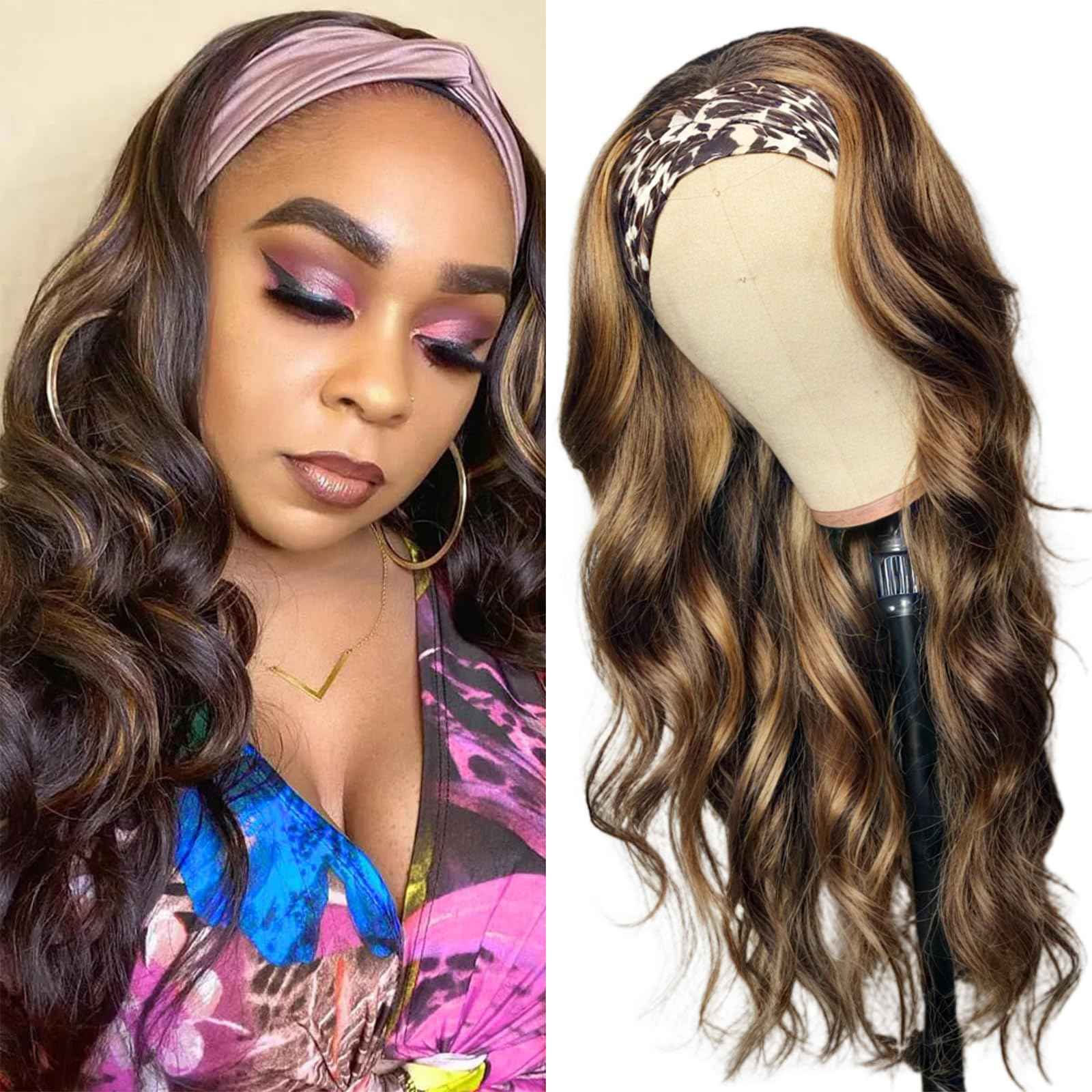 Highlight Ombre Headband Wig Human Hair 4/27 Highlight Body Wave Wigs Human Hair for Black Women Wear and Go Glueless None Lace Front Wigs Brazilian Virgin Headband Wig Human Hair 12 Inch