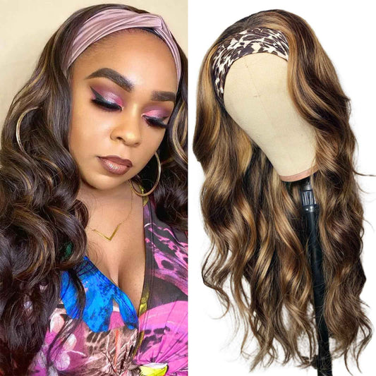 Highlight Ombre Headband Wig Human Hair 4/27 Highlight Body Wave Wigs Human Hair for Black Women Wear and Go Glueless None Lace Front Wigs Brazilian Virgin Headband Wig Human Hair 12 Inch