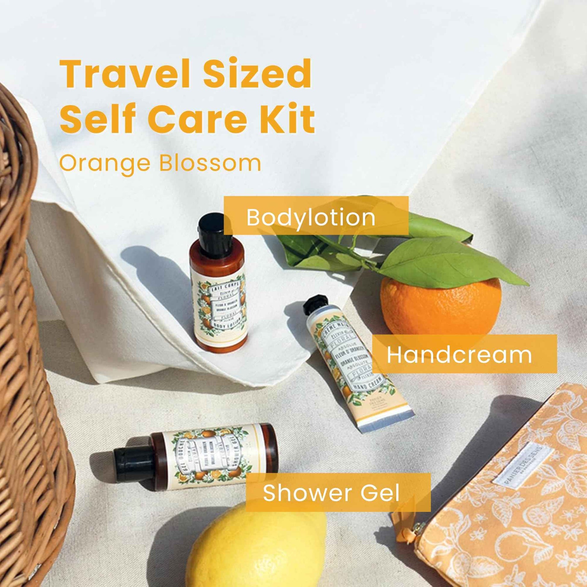 Panier des Sens - Travel Pouch Orange Blossom Gift Set - Shower Gel 3.3 fl oz + Body Lotion 3.3 fl oz + Hand Cream 1 fl oz - 97% Natural Ingredients - Made in France, Vegan Friendly Body Care