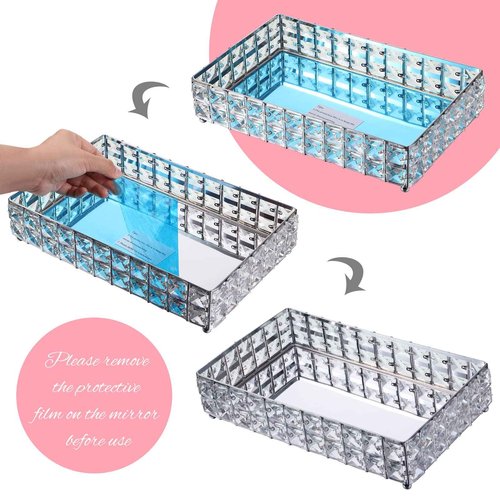 3 Pieces Crystal Makeup Brush Holder Organizer Vanity Makeup Tray Set, 2 Pcs Crystal Bling Cosmetics Brushes Cup 1 Storage Jewelry Trinket Tray Bathroom Sink Vanity Trays, 11.81 x 7.87 x 2.76 Inch