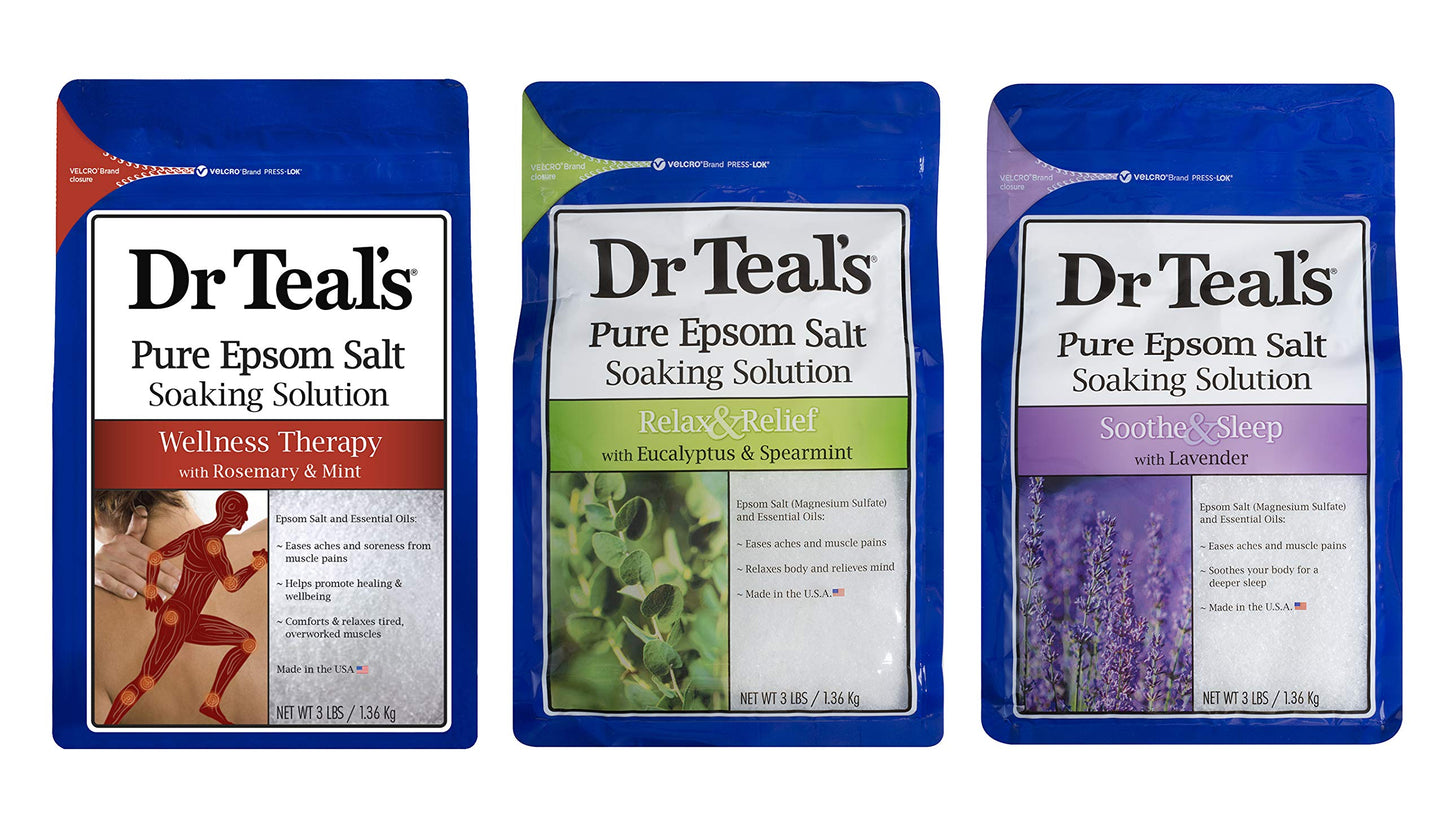 Dr. Teal's Pure Epsom Salt Soaking Solution Gift Set (3 Pack, 3lbs ea.) - Soothe & Sleep Lavender, Relax & Relief Eucalyptus with Spearmint, Wellness Therapy with Rosemary & Mint - Relaxes The Body