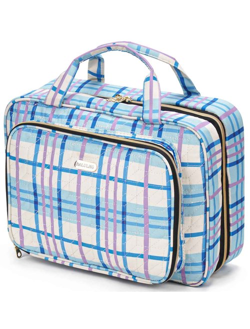 BALULHG Travel Hanging Toiletry Bag for Women,Makeup Bag Cosmetic Organizer Waterproof with Hanging Hook Multiple Pockets for Women Travel Essentials Plaid Blue