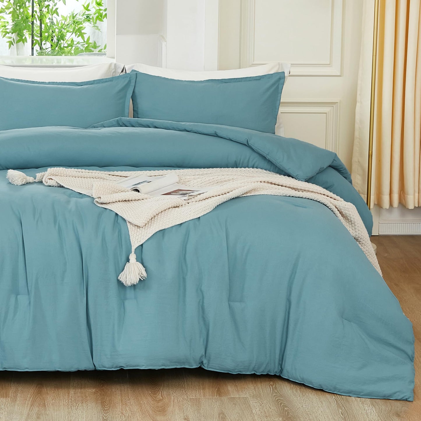 Litanika Grayish Teal Comforter Set Twin/Twin XL Size, 2 Pieces Lightweight Solid Bedding Comforter Set, All Season Fluffy Bed Set (66x90In Comforter & 1 Pillowcase)