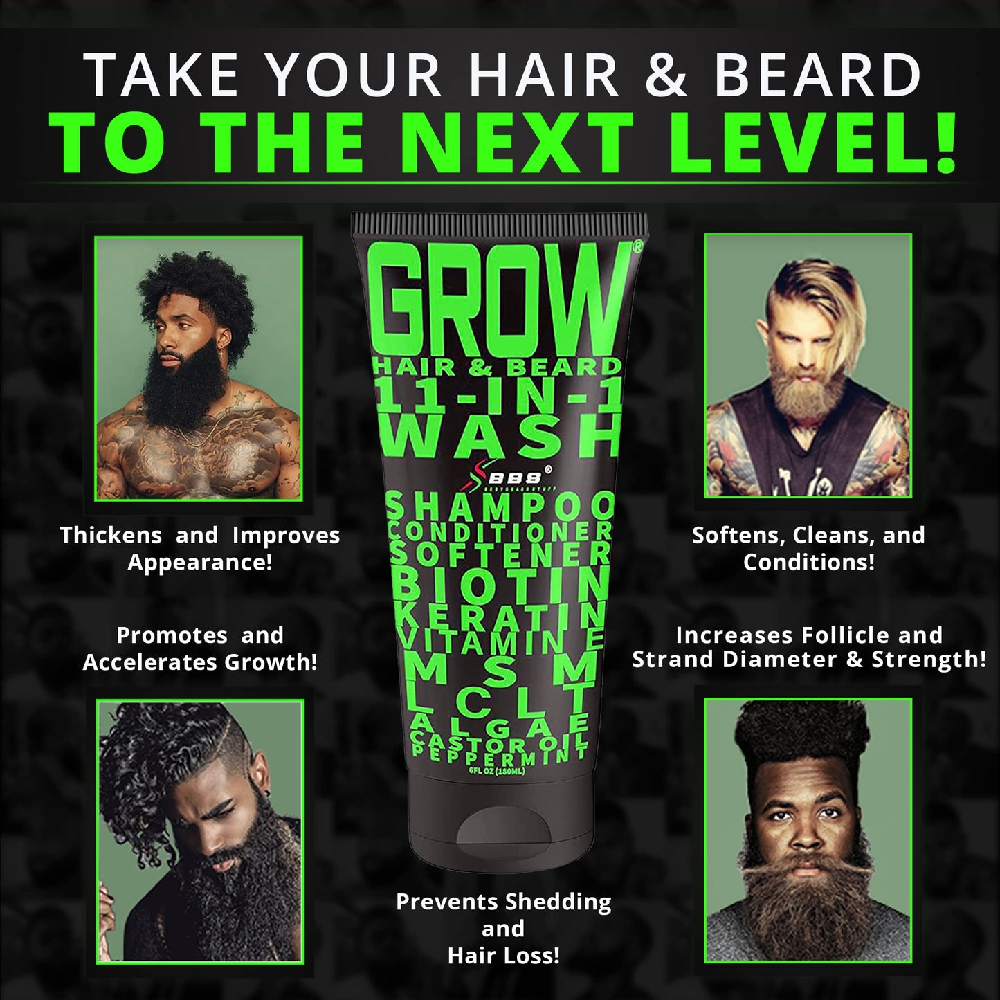 GROW Hair & Beard 11-in-1 Wash: Shampoo, Conditioner Softener, Biotin, Castor Oil, Peppermint Essential Oil, Vitamin E, MSM, Keratin, Algae, LCLT - Supports Healthy Growth - Vegan - BBS USA Product