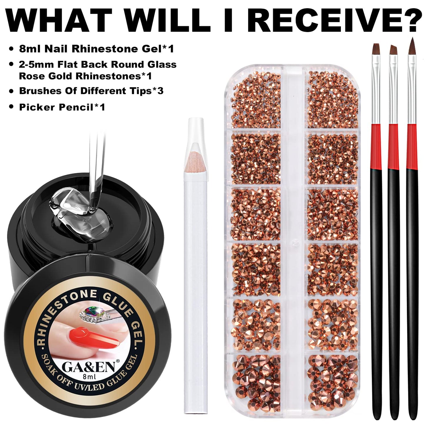 1PC 8ml WIPE-OFF Nail Art Rhinestone Glue Gel Adhesive + 1 Box 2-5mm Flat Back Round Glass Rose Gold Rhinestones + 3PCS Glue Brush + 1PC Pickup pencil