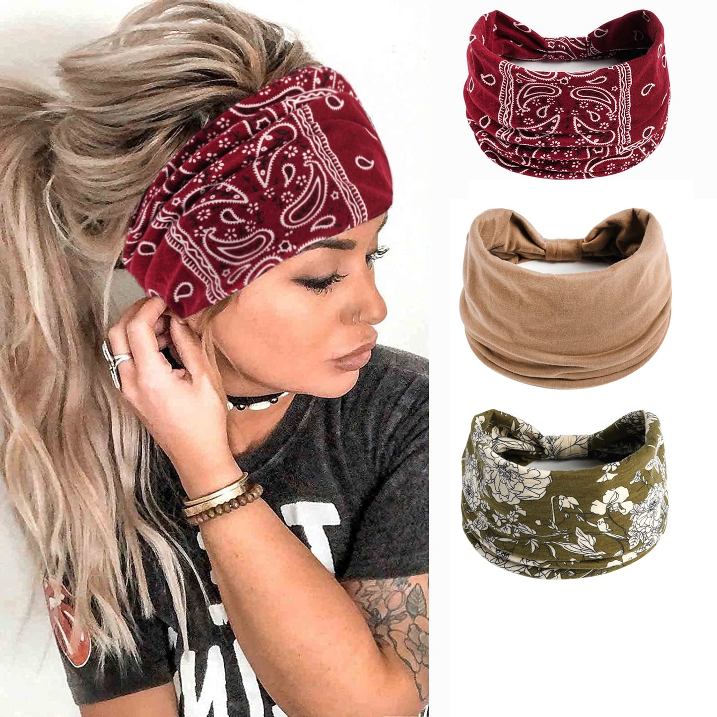 Eyanse Boho Headbands for Women Non Slip Wide Knotted Elastic Fabric Soft Fashion Workout Yoga Hair Bandana Head Wraps Pack of 3,Boho Paisley