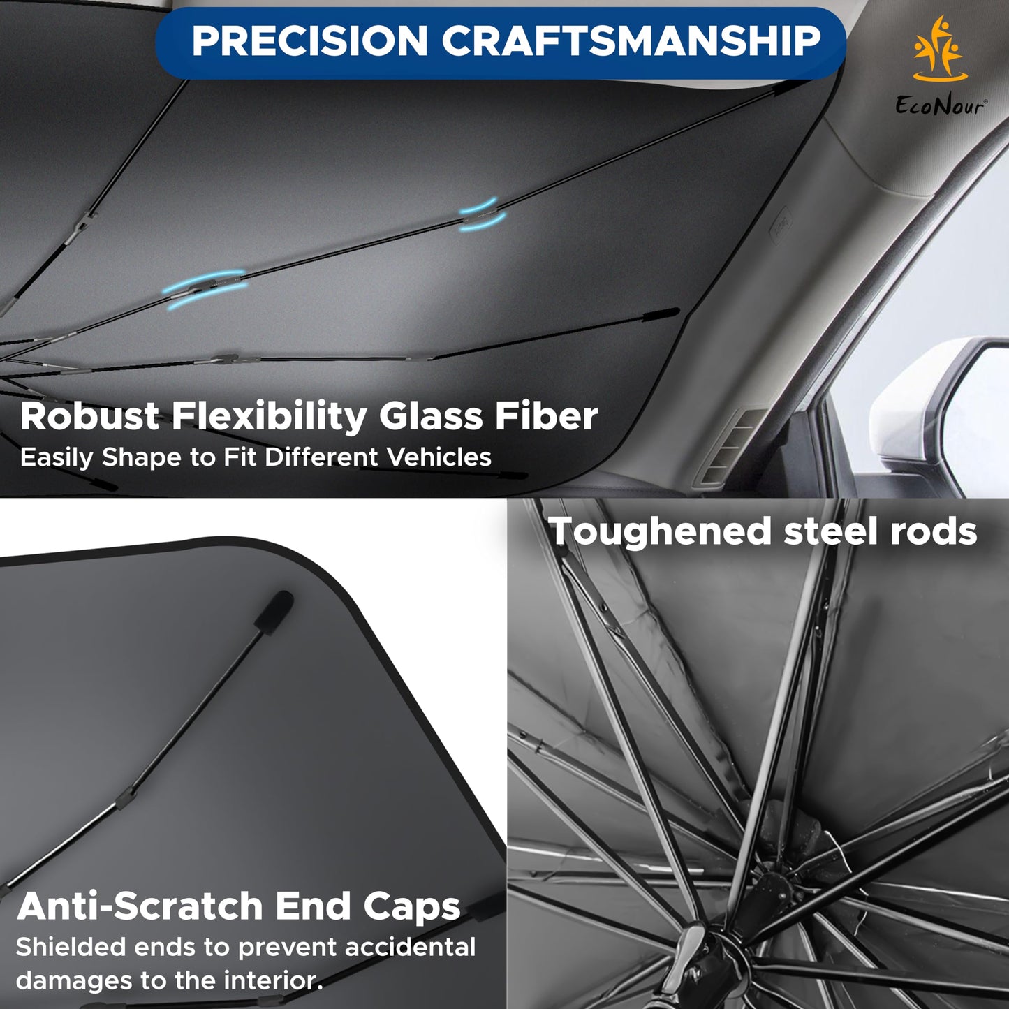 EcoNour Car Windshield Sun Shade - Umbrella Car Sun Shade, Foldable Car Windshield Cover, Protect Interior from UV & Keep Car Cooler, Easy to Store and Use for Auto Sedan, SUV, Trucks (57 x 31 inches)