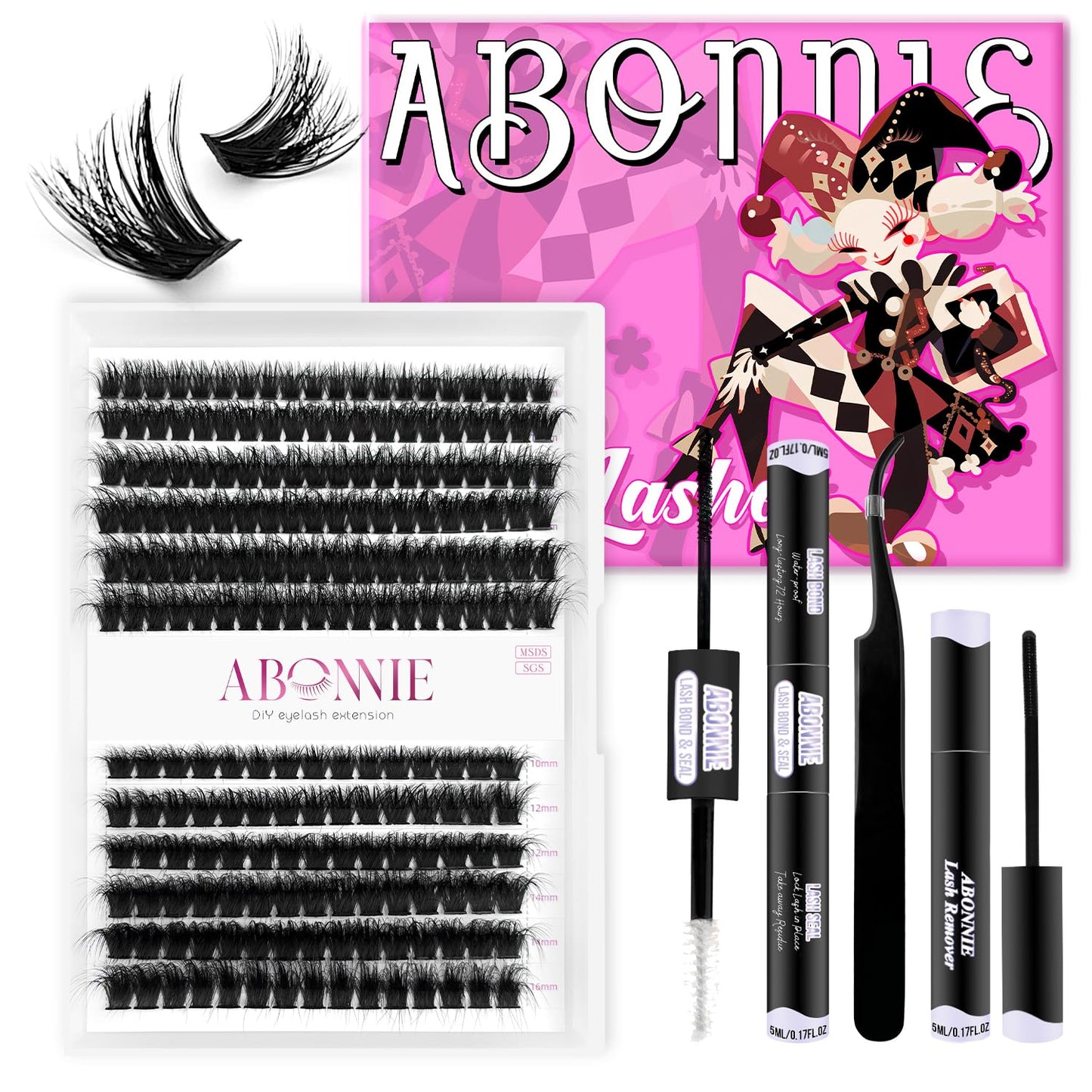 ABONNIE DIY Lash Extension Kit, Cluster lash Extensions Kit, 10-16mm Mix Lash Clusters, 80D+100D D Curl Lash Clusters Kit with Bond and Seal and Tweezer and Remover,at Home Lash Extensions Kit