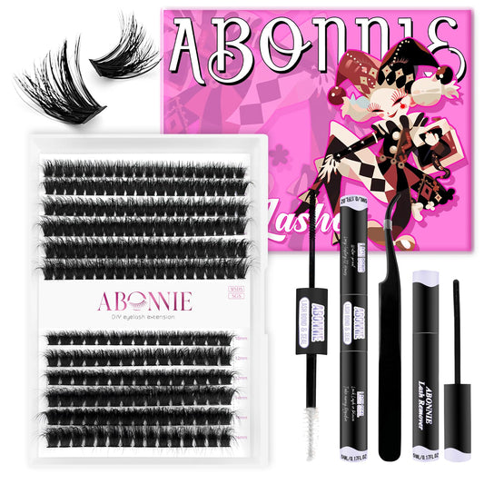 ABONNIE DIY Lash Extension Kit, Cluster lash Extensions Kit, 10-16mm Mix Lash Clusters, 80D+100D D Curl Lash Clusters Kit with Bond and Seal and Tweezer and Remover,at Home Lash Extensions Kit