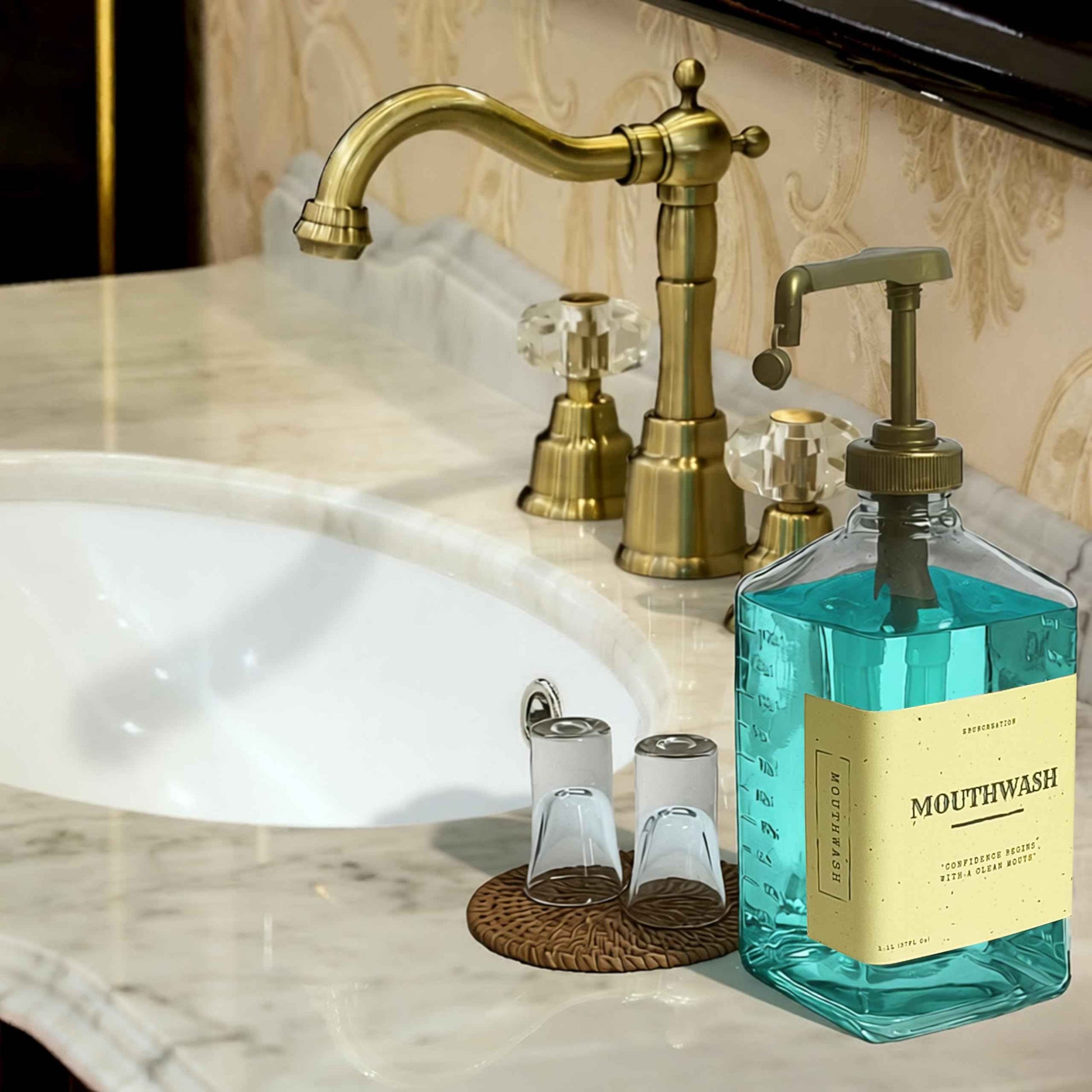 eBun Goldengleam Glass Mouthwash Dispenser (Gold Plastic Pump) 37oz Mouthwash Pump Dispenser, Mouth Wash Holder with Rinse Cup, Mouth Wash Glass Bottle, Decanter, Large Bottle for Bathroom Set