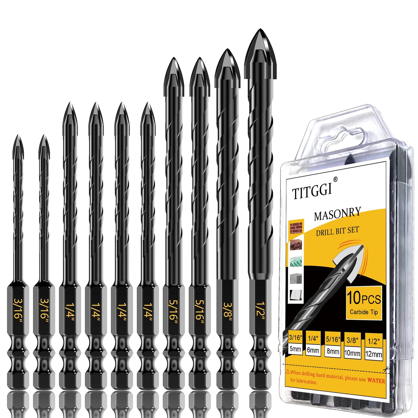 Masonry Drill Bit Set - Cement Drill Bit, Professional Concrete Drill Bit Set (10PCS) for Glass/Brick/Cement/Tile/Etc, Industrial Strength Carbide Cross Drill Bit Tip, 3/16"-1/2" by TITGGI