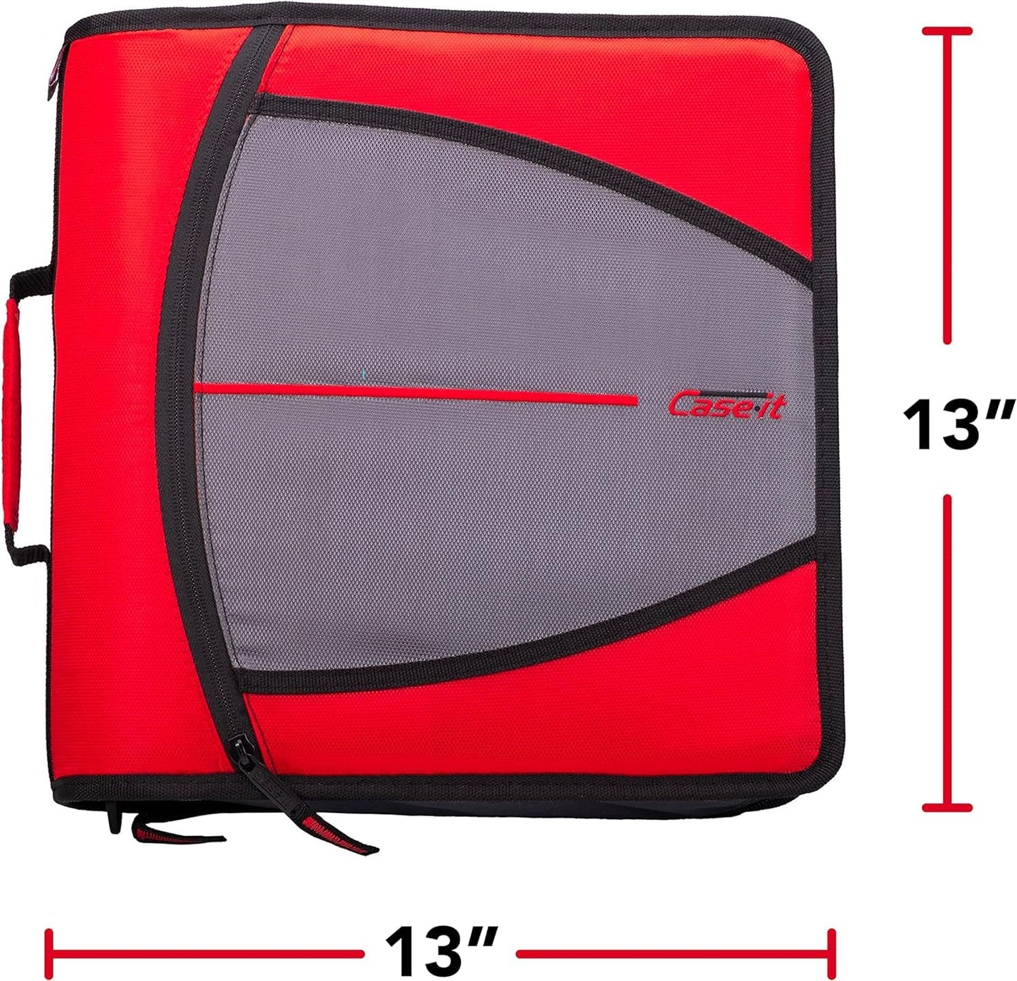 Case-it The Mighty Zip Tab Zipper Binder - 3 Inch O-Rings - 5 Color Tab Expanding File Folder - Multiple Pockets - 600 Sheet Capacity - Comes with Shoulder Strap - Fire Engine Red D-146