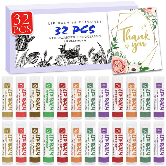 32 Pack Lip Balm, Natural Lip Balm Bulk with Vitamin E and Coconut Oil, Moisturizing Lip Balm for Stocking Stuffers - 8 Flavors