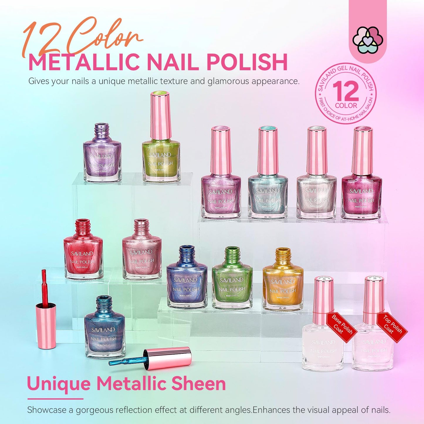 SAVILAND Metallic Nail Polish Set: 12 Colors Mirror Chrome Glitter Nail Polish 0.34 oz Holographic Red Silver Pink Nail Polish Quick-Dry Base Top Polish Coat for Fingernail Toenail French Manicure Art