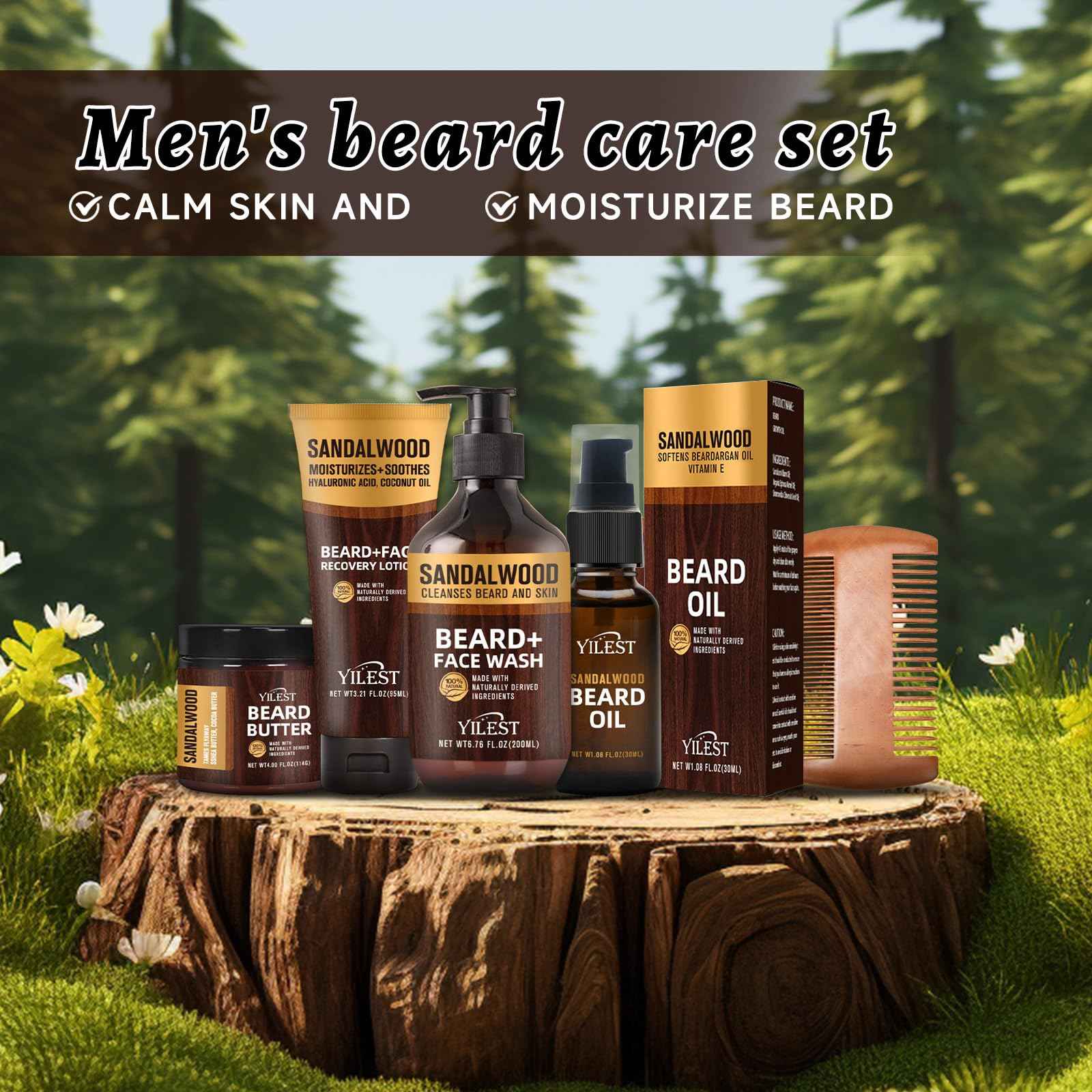 Sandalwood Beard Care Set | Nourish Follicles for Elastic Growth, Deeply Condition with Butter & Oil, Soothe Skin with Recovery Lotion & Gentle Wash