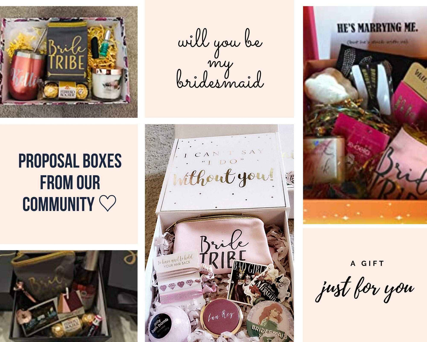 Heather & Willow 6 Piece Set | Bride Tribe Canvas Cosmetic Makeup Clutch Gifts Bag for Bridesmaid Proposal Box & Bridesmaids Bachelorette Party Favors (Grey)