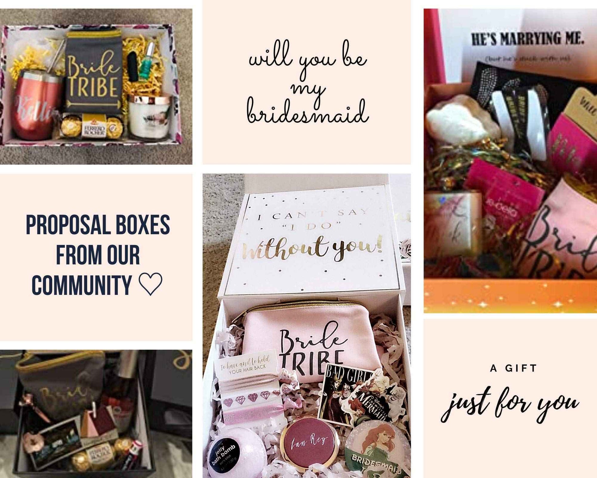 Heather & Willow 6 Piece Set | Bride Tribe Canvas Cosmetic Makeup Clutch Gifts Bag for Bridesmaid Proposal Box & Bridesmaids Bachelorette Party Favors (Grey)