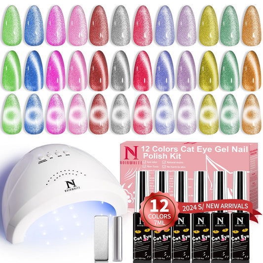 noirwhite Cat Eye Gel Nail Polish, 28Pcs Glitter Pink Red Purple Green Blue Silver Sparkle Colors Gel Nail polish Set with Magnet Base Top Coat Soak Off UV LED Light Nail Art Salon Manicure DIY Home