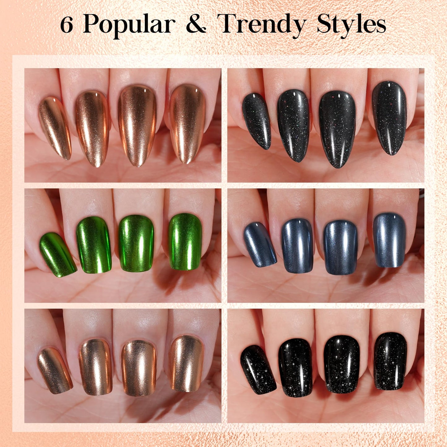 Chrome Press on Nails Short 6 Styles, Jofay Fashion 120Pcs Salon-Like Mirror Metal Stiletto Fake Nails with Glue, Glitter Artificial Acrylic False Nails for Party, Glue on Nails Press Ons in 12 Sizes