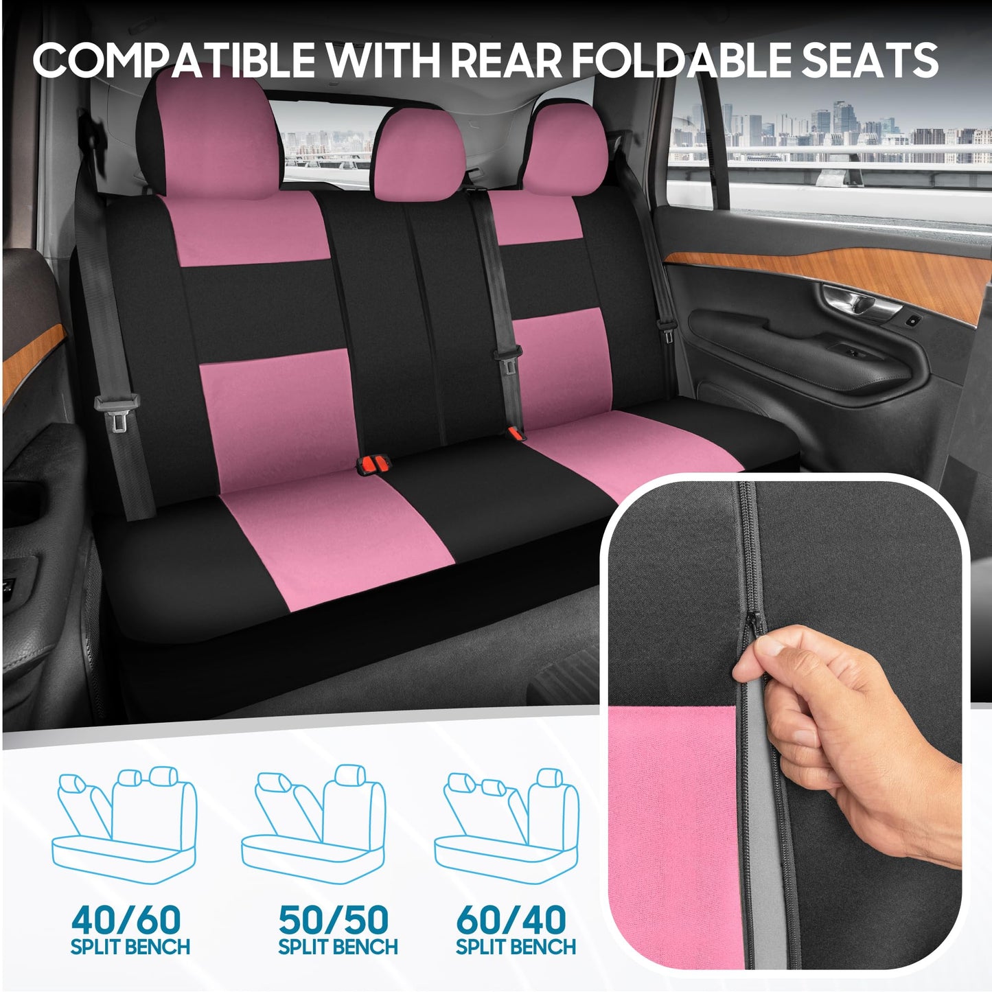 BDK PolyPro Car Seat Covers Full Set in Pink on Black – Front and Rear Split Bench for Cars, Easy to Install Cover Set, Accessories Auto Trucks Van SUV