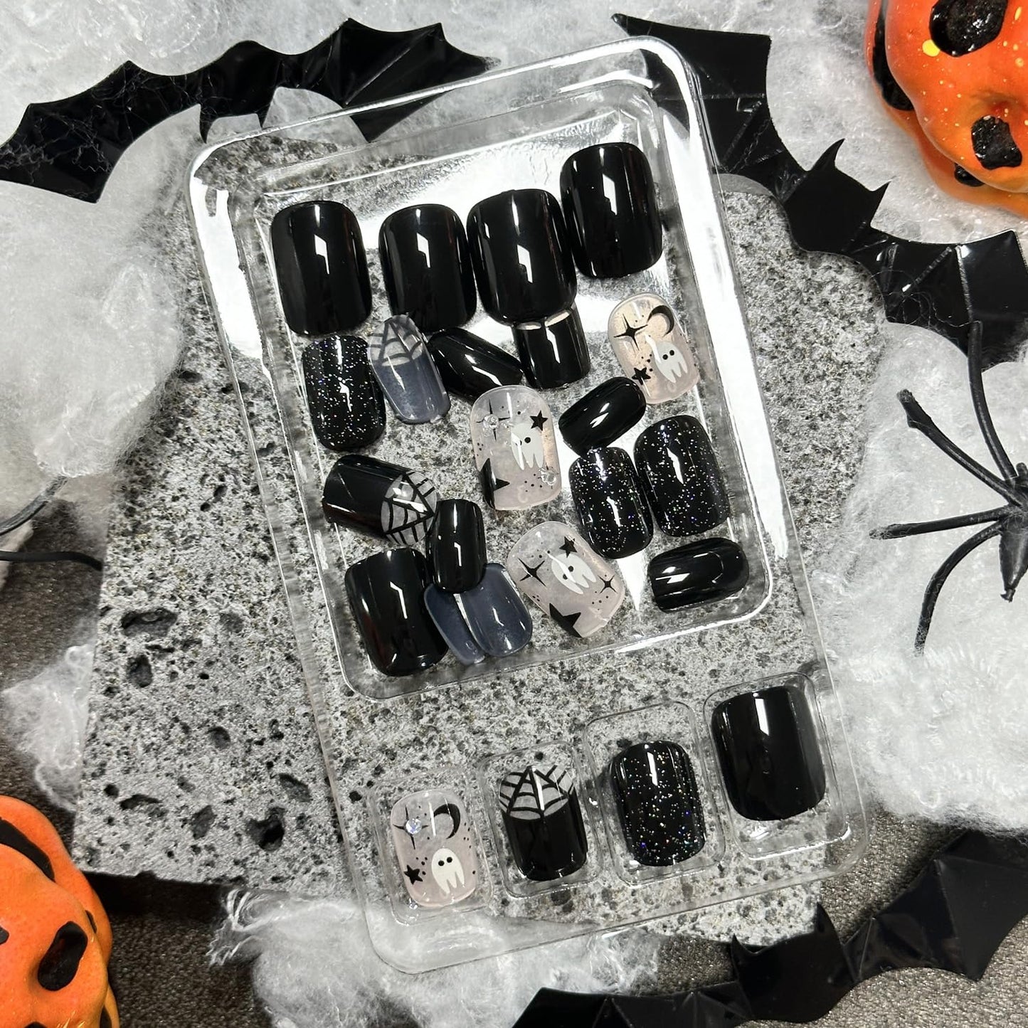 24Pcs Halloween Press on Nails Short Square Fake Nails with Silver Glitter Design Halloween Glue on Nails Full Cover Halloween Nails Stick on Nails for Women and Girls Halloween Nail Art Decoration