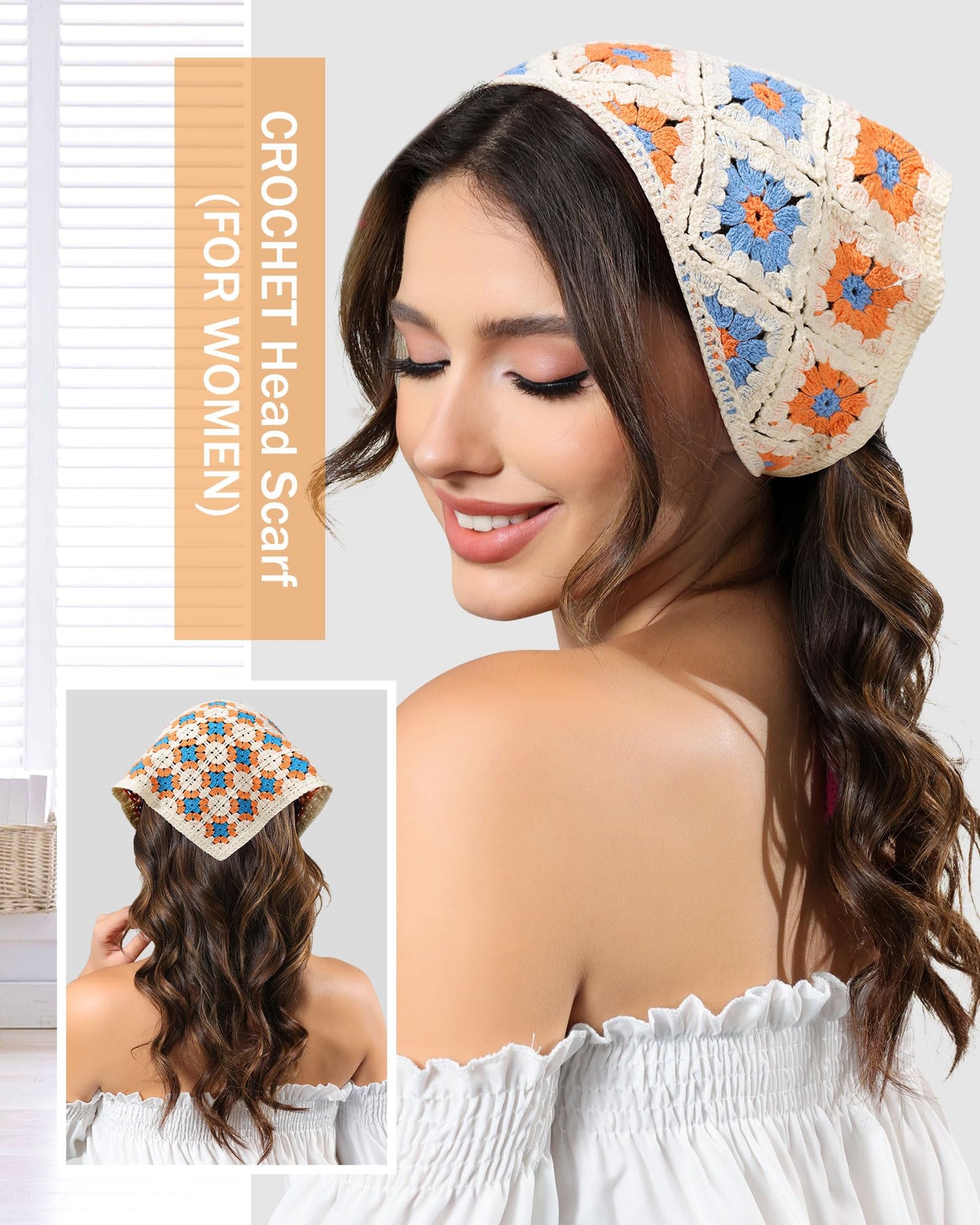 AWAYTR Crochet Head Scarf Hair Bandanas for Women Knit Bandana Headband Scarf Tie-Back Head Coverings Floral Headscarf for Girls (Blue + Orange)