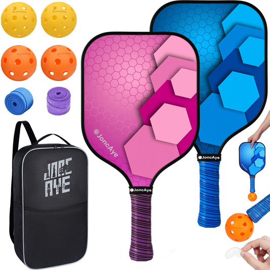 JoncAye Pickleball Set of 2 Paddles and Balls w/Case | USAPA Approved Pickleball Rackets Pink, Blue, w/Lead Tape, Ball Retriever | Pickleball Equipment for Men, Women with Accessories