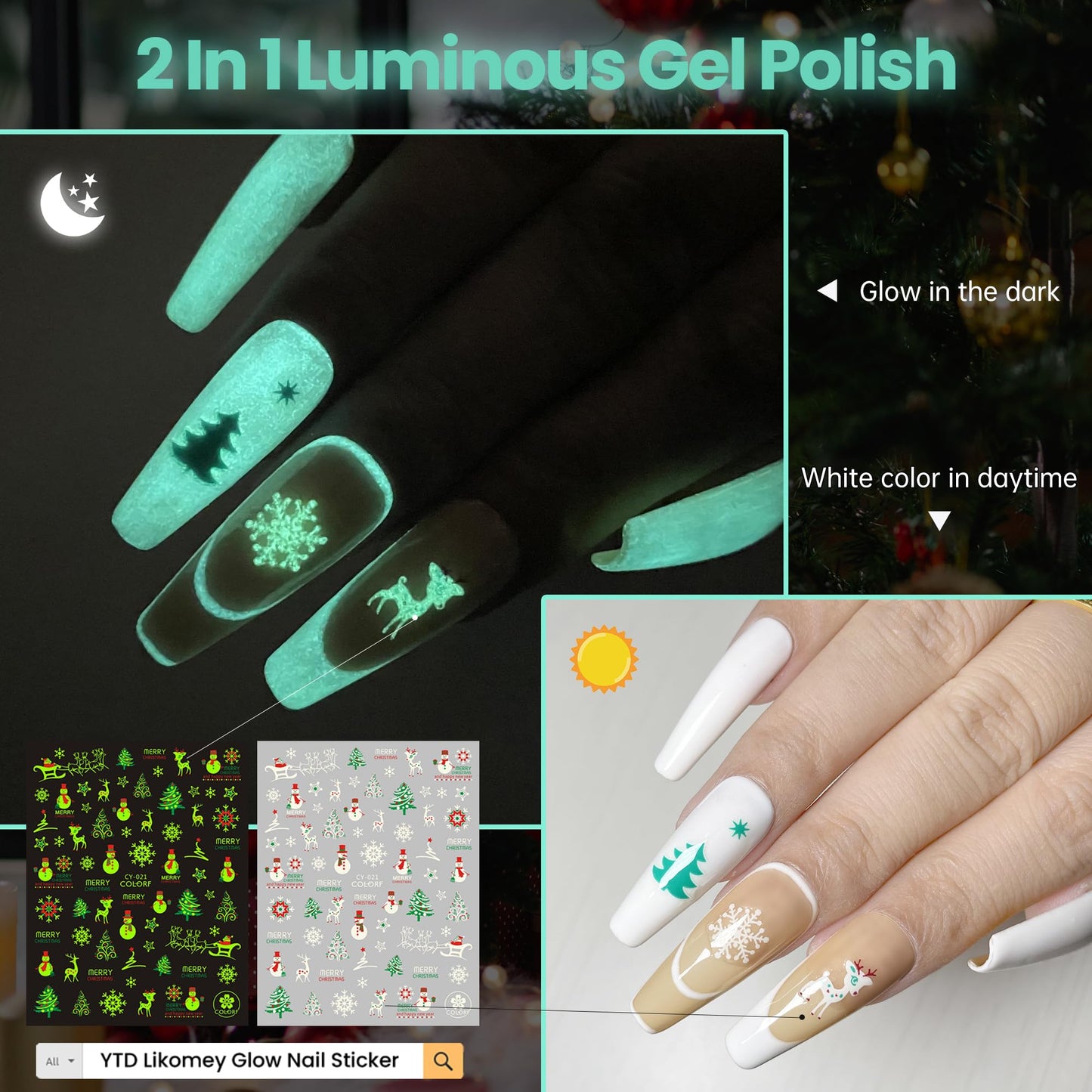 YTD Likomey Glow in the Dark Gel Nail Polish Set,6 Colors with Base and Top Coat Set,Fluorescent Neon White Green Orange Pink Yellow Blue Luminous Salon Home DIY Manicure UV Nail Gel,8 Pcs 7.5 ml