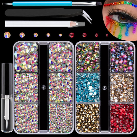 Colorful Face Gems for Makeup Set, Flatback Gorgeous AB Glass Gem, Mixed-Colored Crystals with Makeup Glue+Picker Pencil+Tweezer+Dual-End Dotting Tool for Eye Body Hair Make-up and Nail Art Deco